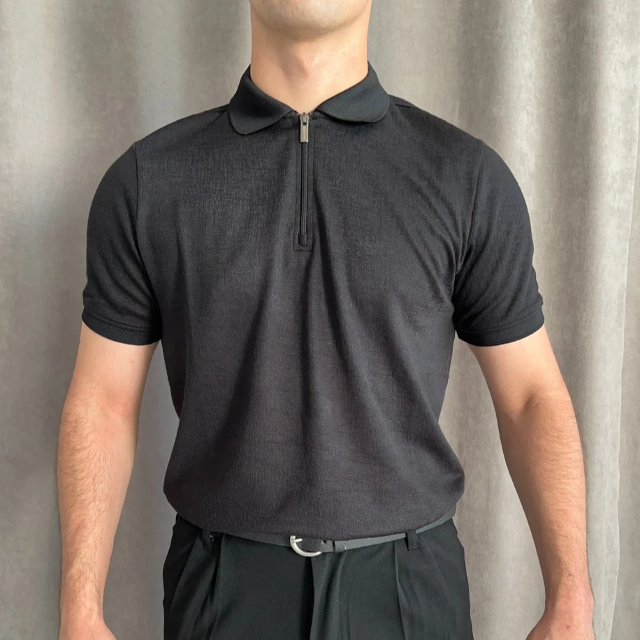 Fermuarlı Triko Polo Yaka Tişört - Siyah