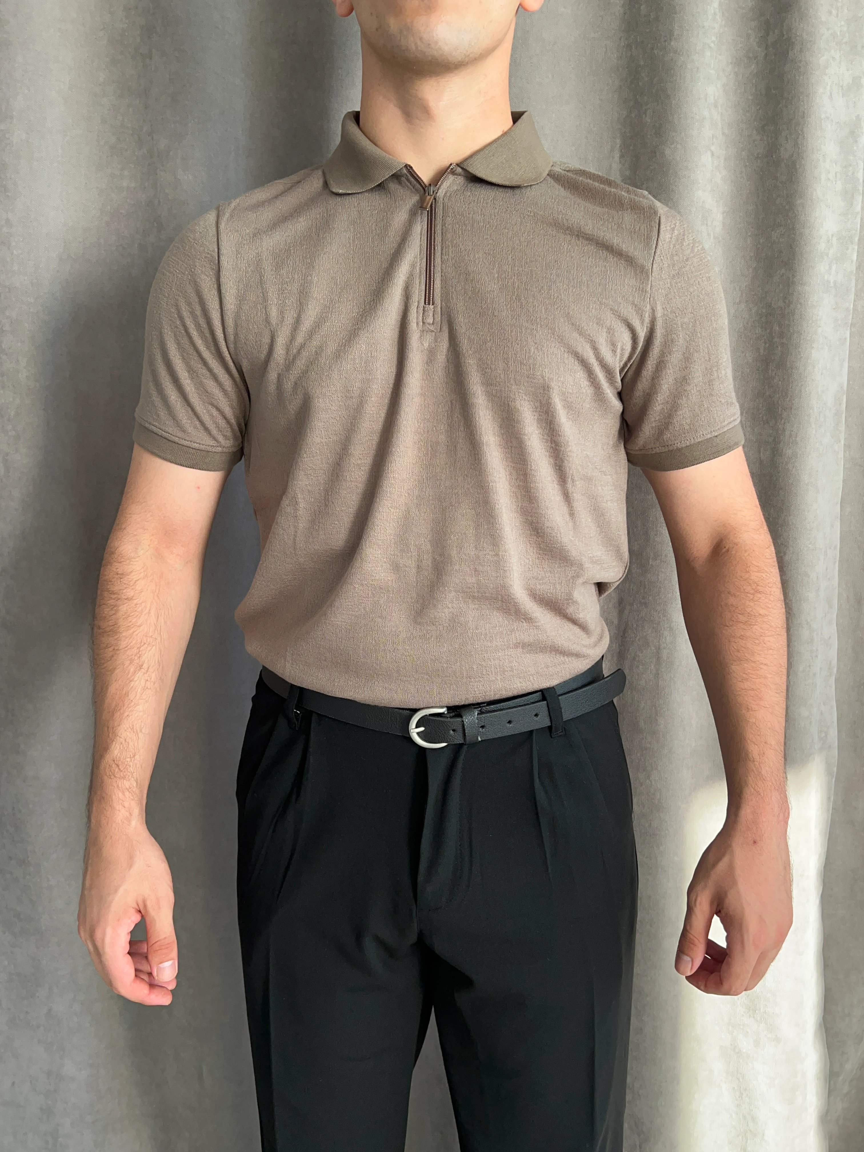 Fermuarlı Polo Yaka Triko - Kül