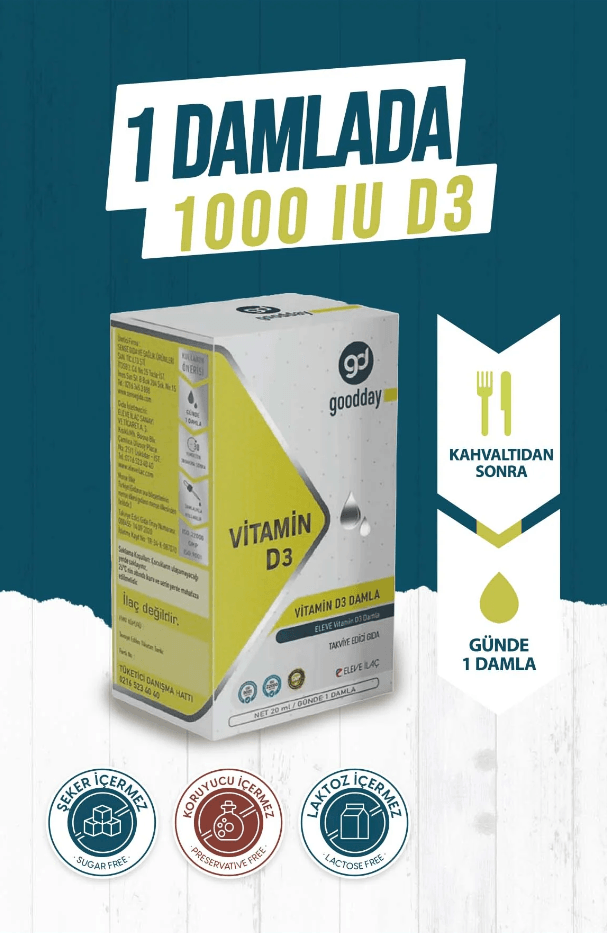 GOODDAY VİTAMİN D3 DAMLA 20 ML 1000IU TAKVİYE EDİCİ GIDA