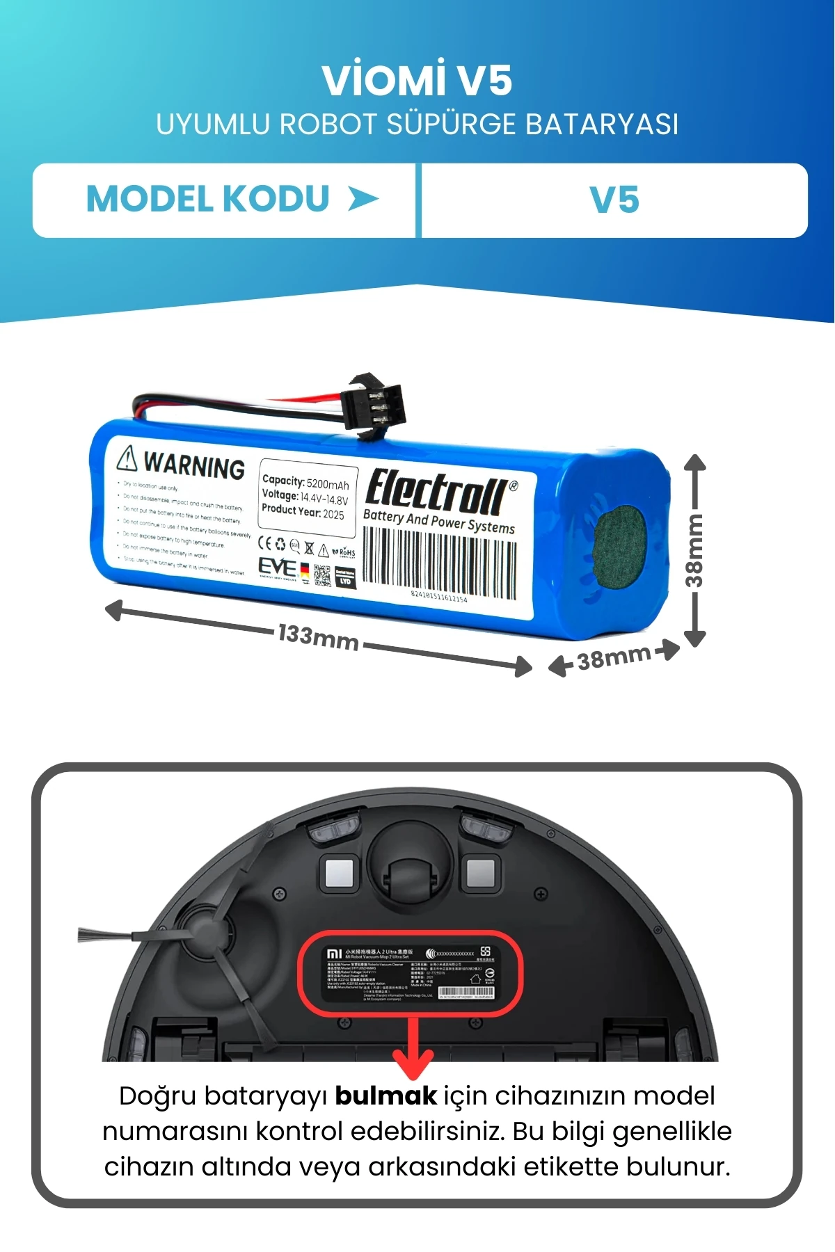 Viomi V5 Uyumlu Batarya (STANDART KAPASİTE) 5200mah Pil Robot Süpürge Bataryası Değişimi