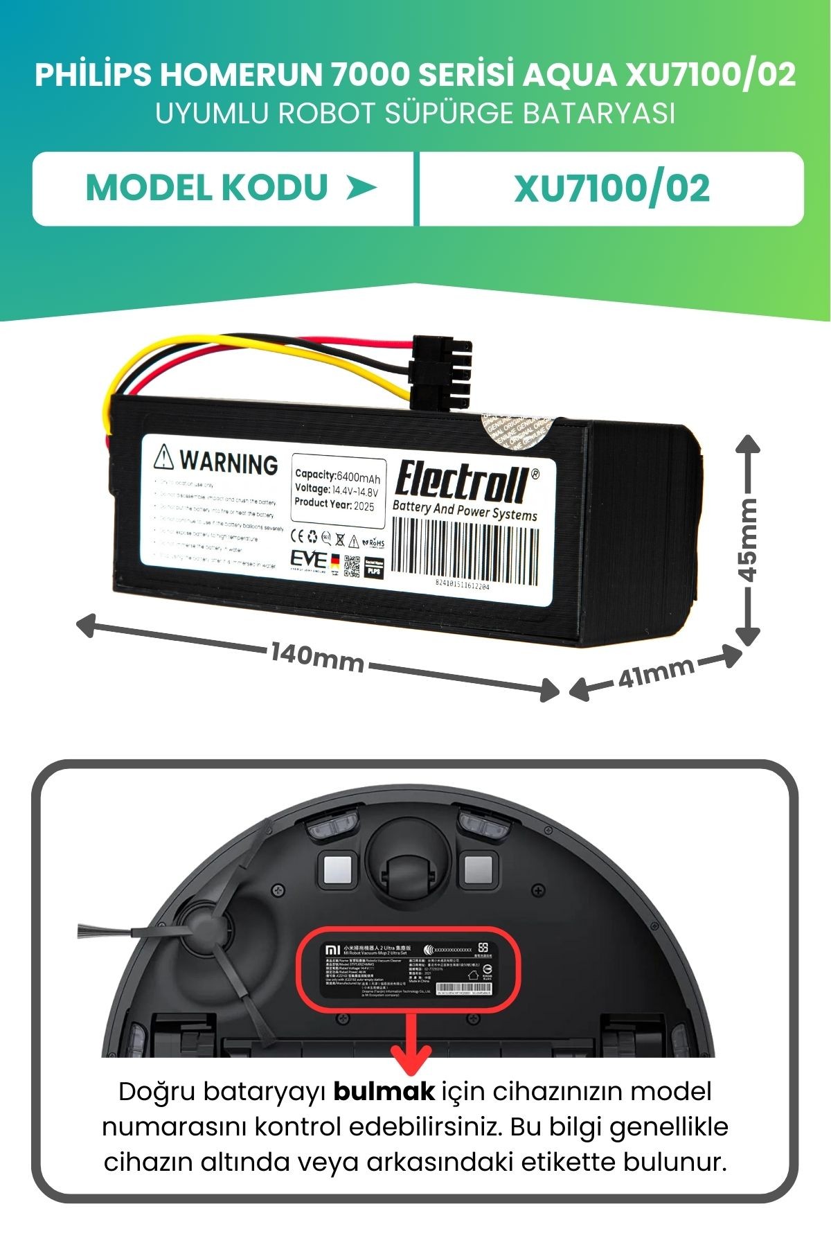 Philips Homerun 7000 Serisi Aqua Xu7100/02 Batarya (ULTRA YÜKSEK KAPASİTE) 6400mah Robot Süpürge Pil