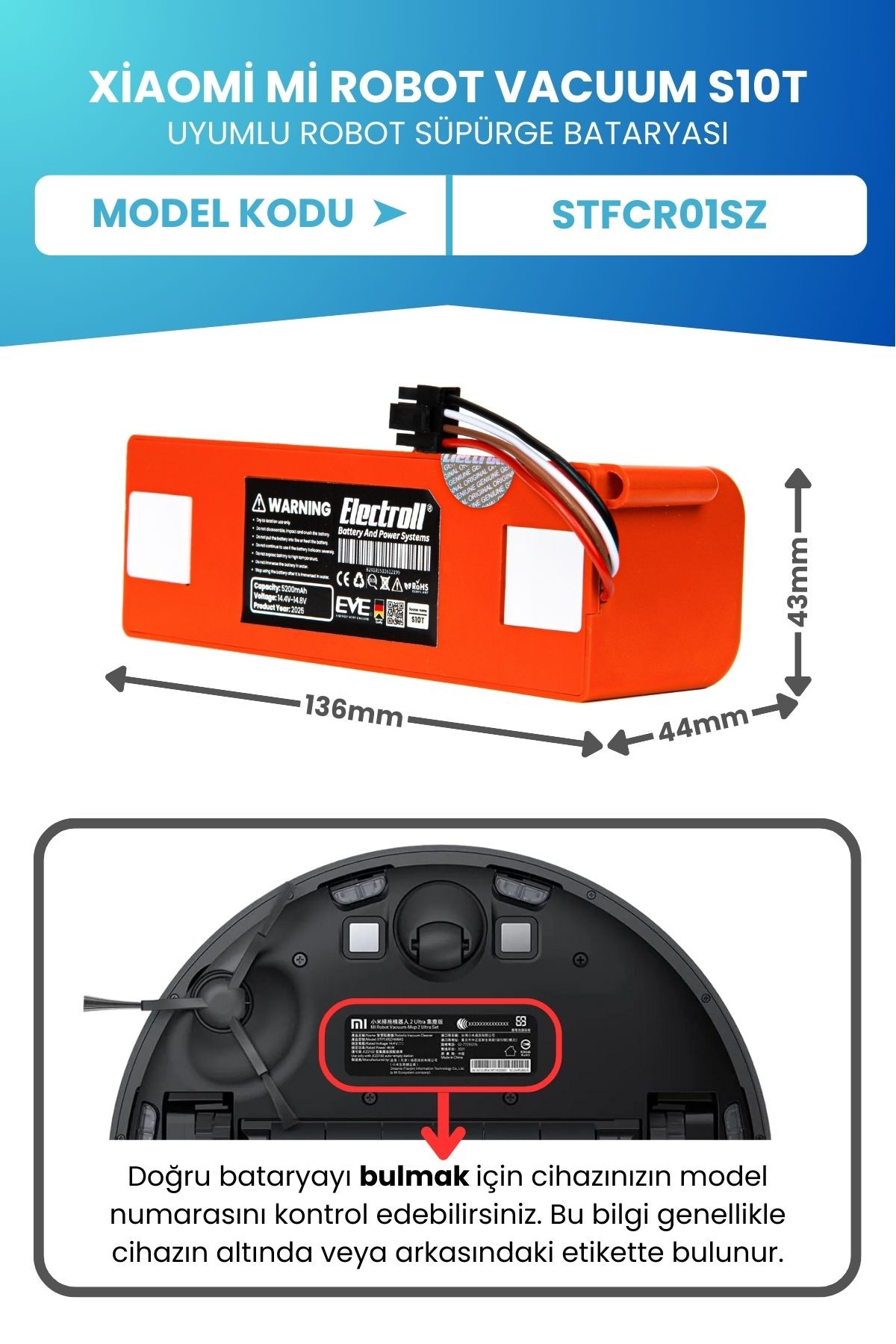 Xiaomi Mi Robot Vacuum S10t Uyumlu Batarya (ORJİNAL KAPASİTE) 5200mah Robot Süpürge Pil Stfcr01sz