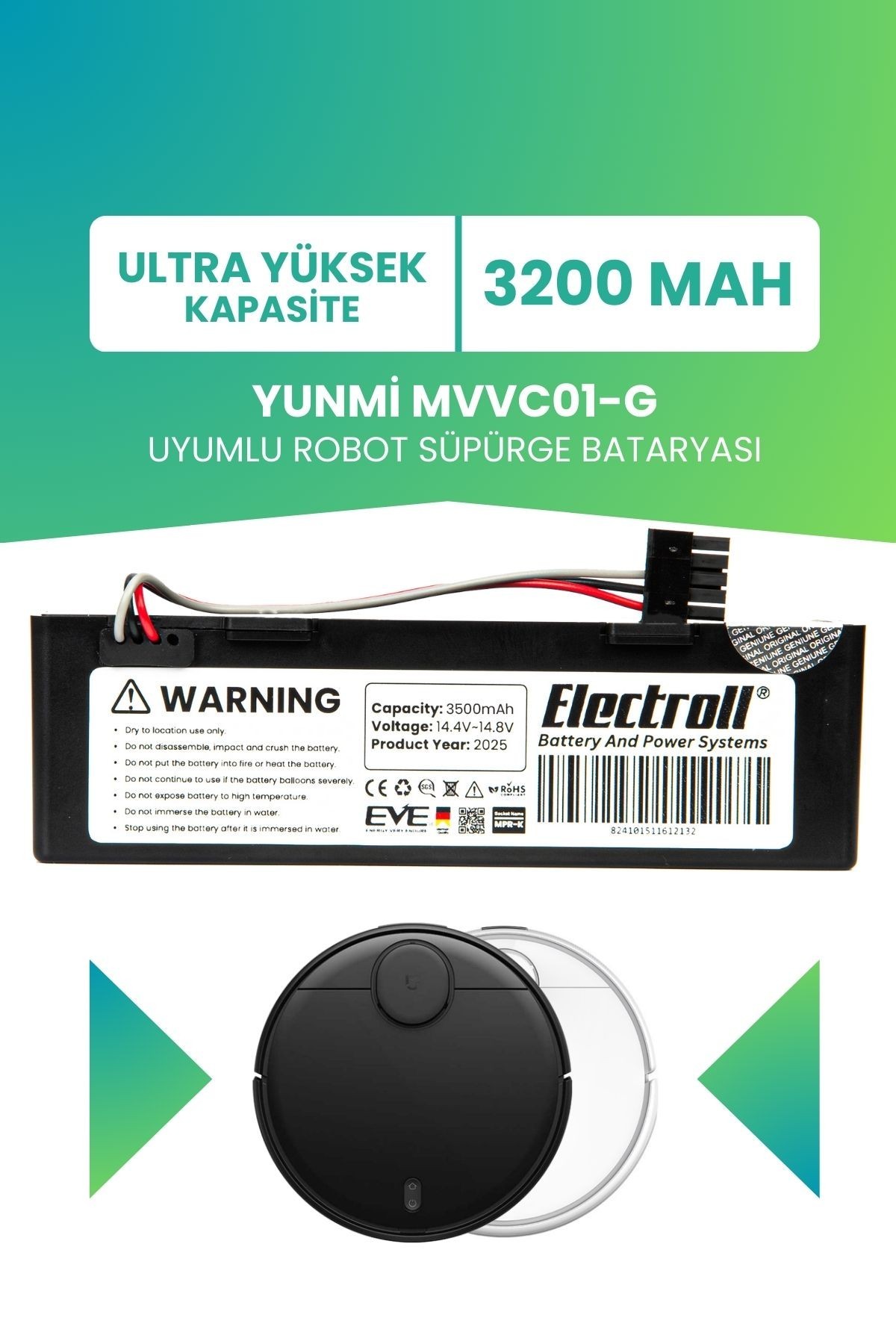 Yunmi Mvvc01-g Uyumlu Batarya (ULTRA YÜKSEK KAPASİTE) 3200mah Kutulu Robot Süpürge Bataryası Değişim