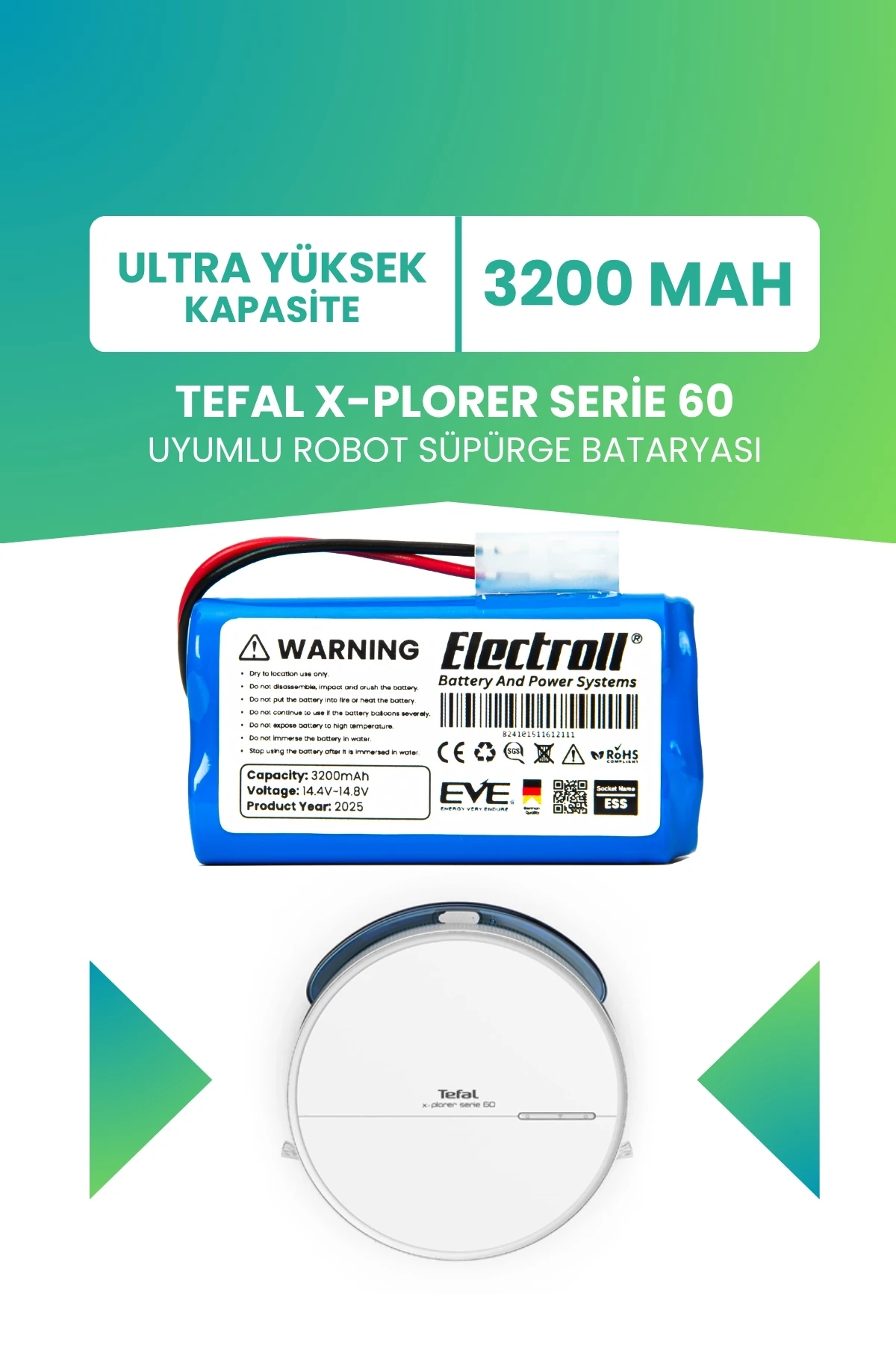 Tefal X-Plorer Serie 60 Uyumlu Batarya (ULTRA YÜKSEK KAPASİTE) 3200mah Pil Robot Süpürge Bataryası