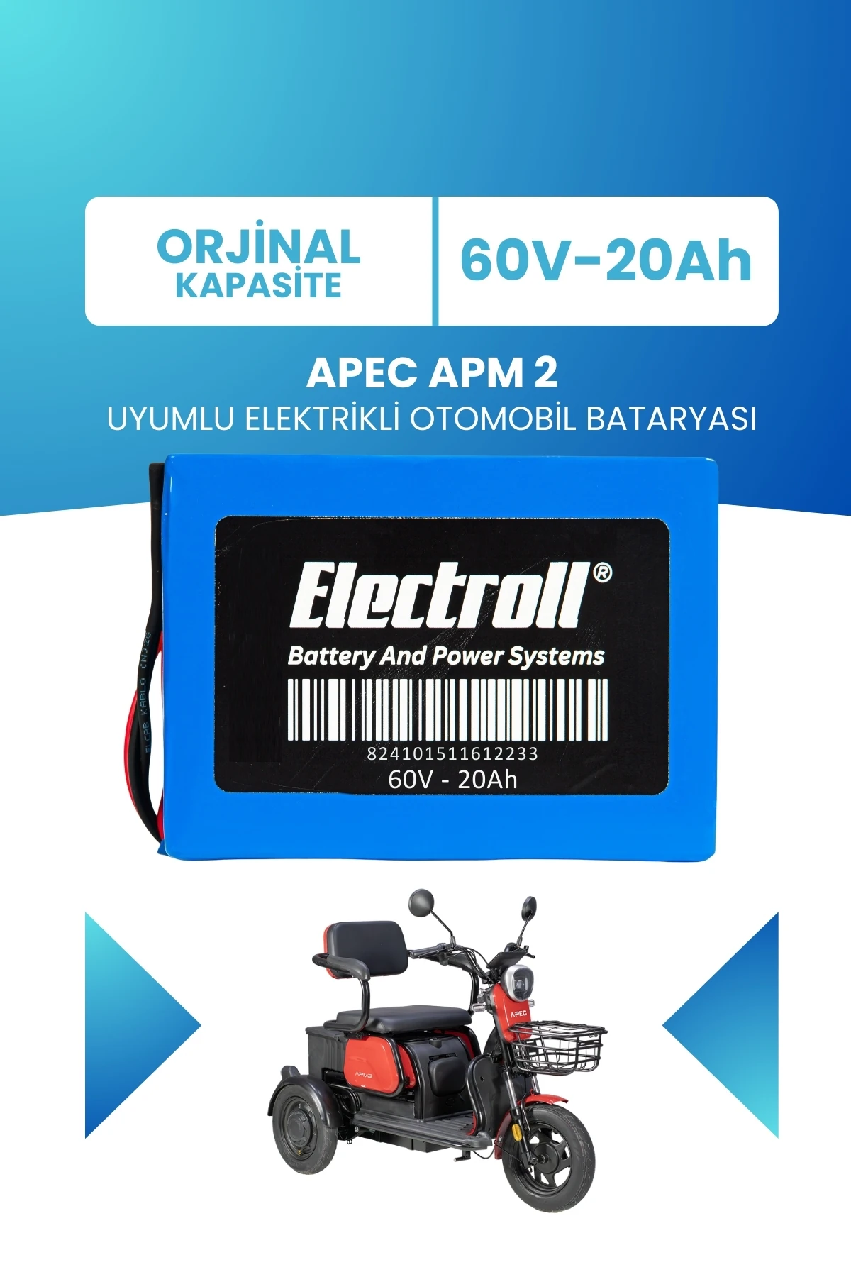 Apec APM 2 Uyumlu Batarya (Standart Kapasite) LiFePO4 60V 20Ah Elektrikli Otomobil Bataryası