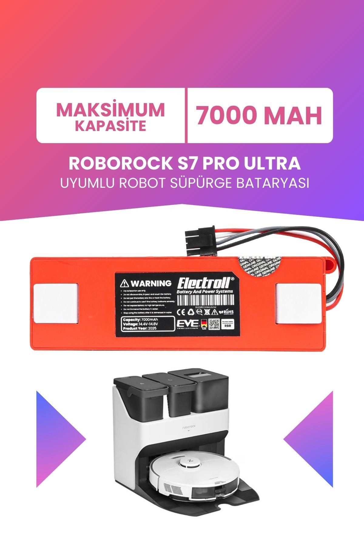 Roborock S7 Pro Ultra Uyumlu Batarya (YÜKSEK KAPASİTE) 7000mah Kutulu Robot Süpürge Pil Değişimi