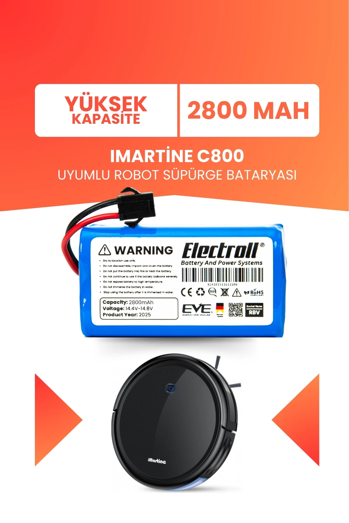 Imartine C800 Uyumlu Batarya (YÜKSEK KAPASİTE) 2800mah Pil Robot Süpürge Bataryası