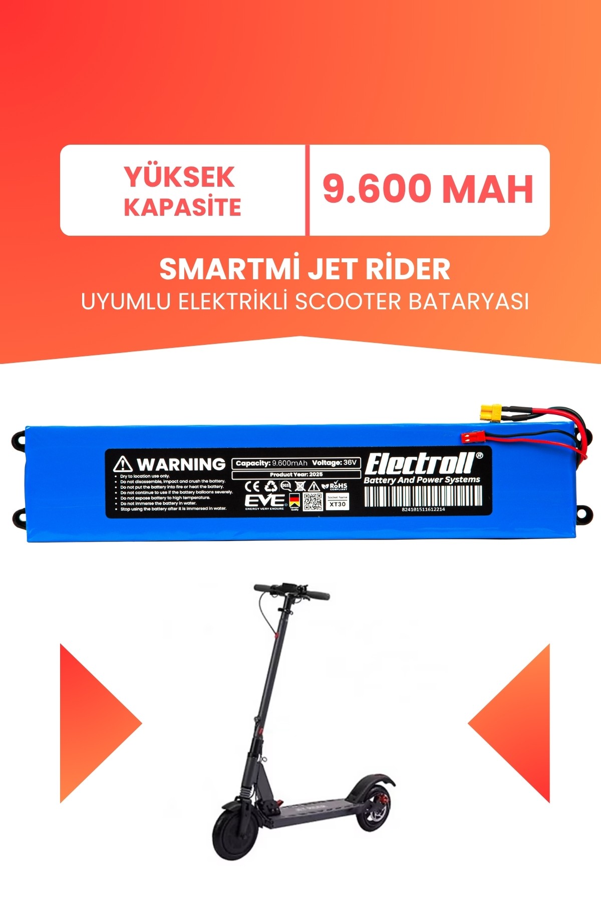 Smartmi Jet Rider Uyumlu Batarya (Yüksek Kapasite) 36v 9.600Mah Elektrikli Scooter Bataryası