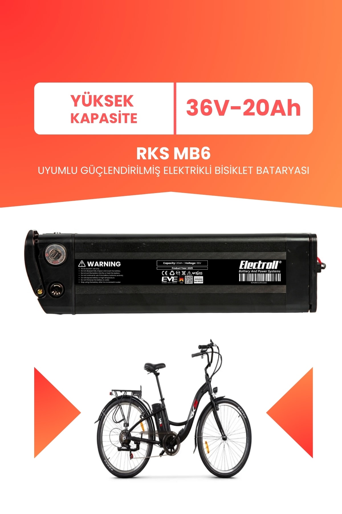 RKS MB6 Uyumlu 36V 20Ah (Yüksek Kapasite) Güçlendirilmiş Elektrikli Bisiklet Batarya Tamir, Revizyon ve Pil Yenileme