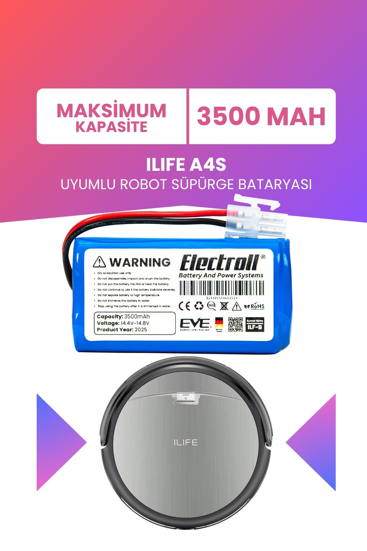 Ilıfe A4s Uyumlu Batarya (MAKSİMUM KAPASİTE) 3500mah Pil Robot Süpürge Bataryası