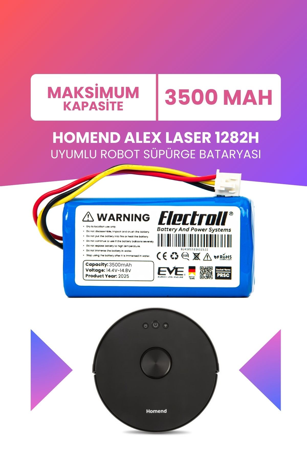 Homend Alex Laser 1282h Uyumlu Batarya (ULTRA YÜKSEK KAPASİTE) 3500mah Pil Robot Süpürge Bataryası