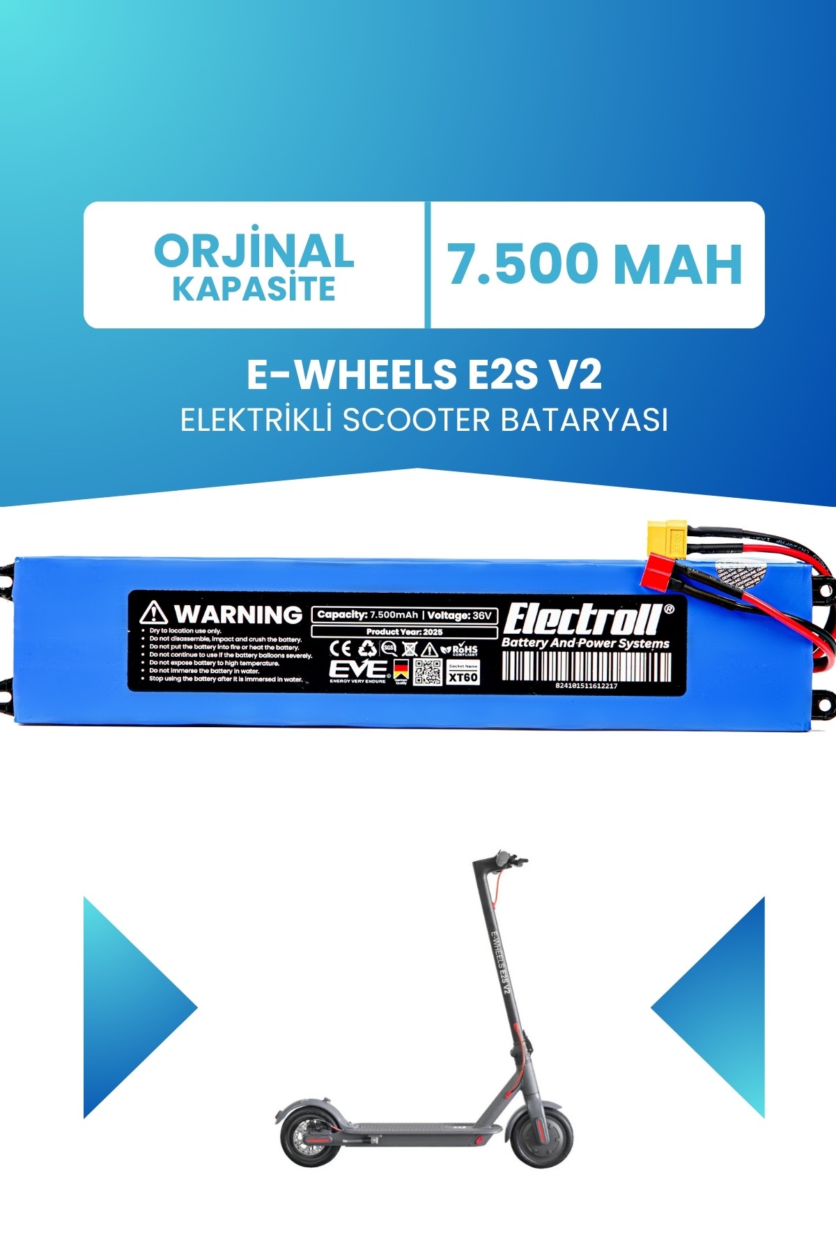 E-Wheels E2s V2 Uyumlu Batarya (STANDART KAPASİTE) 36v 7500mah Pil Elektrikli Scooter Bataryası