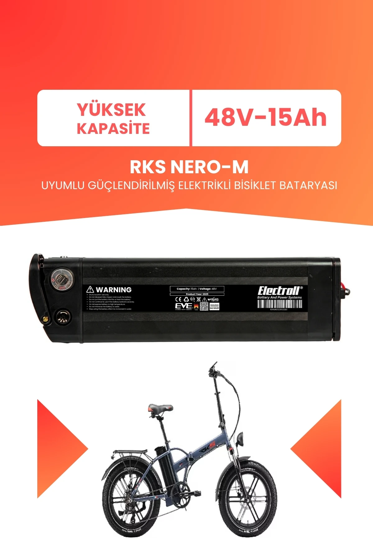 RKS NERO-M Uyumlu 48V 15Ah (Yüksek Kapasite) Güçlendirilmiş Elektrikli Bisiklet Bataryası