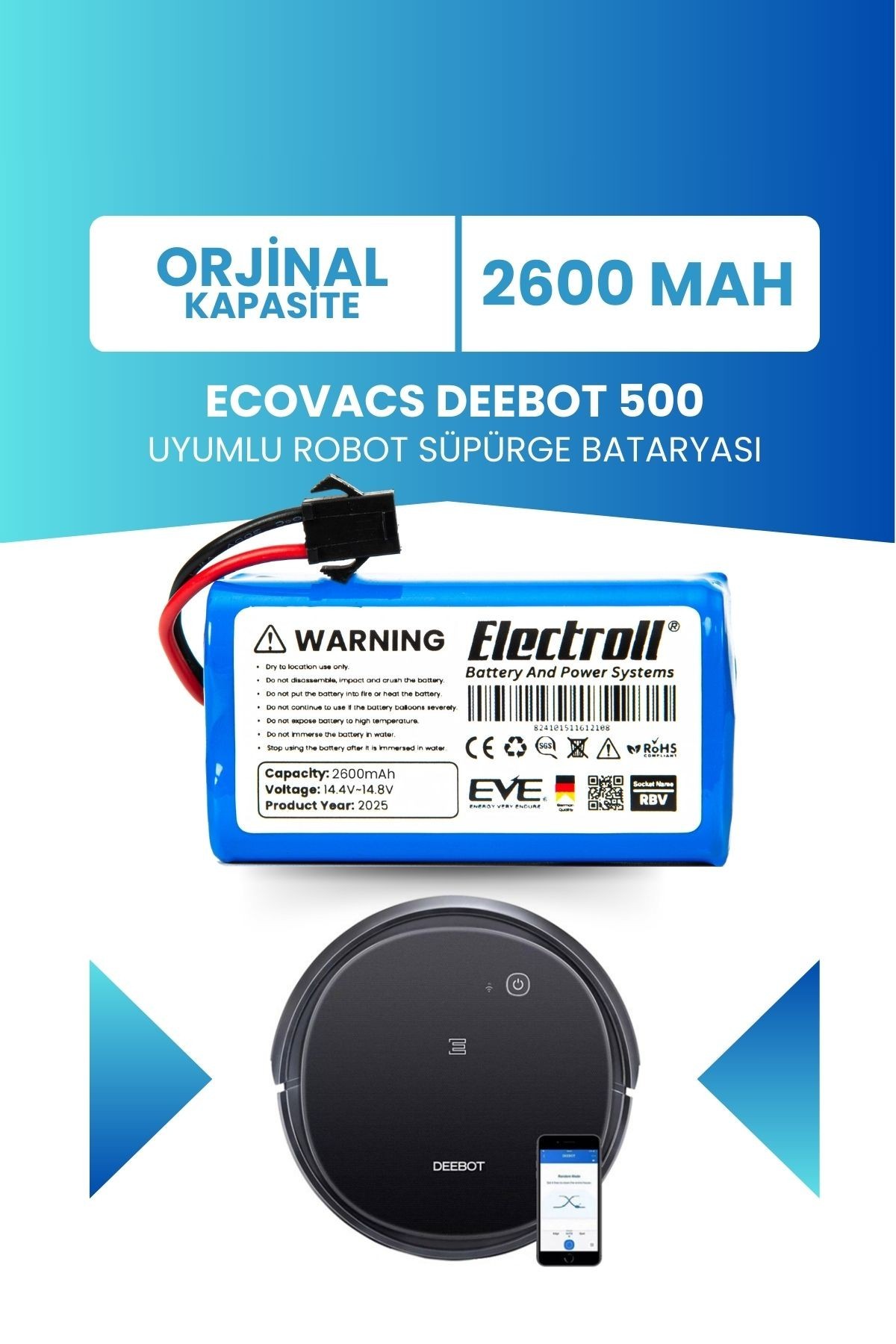 Ecovacs Deebot 500 Uyumlu Batarya (ORJİNAL KAPASİTE) 2600mah Pil Robot Süpürge Bataryası