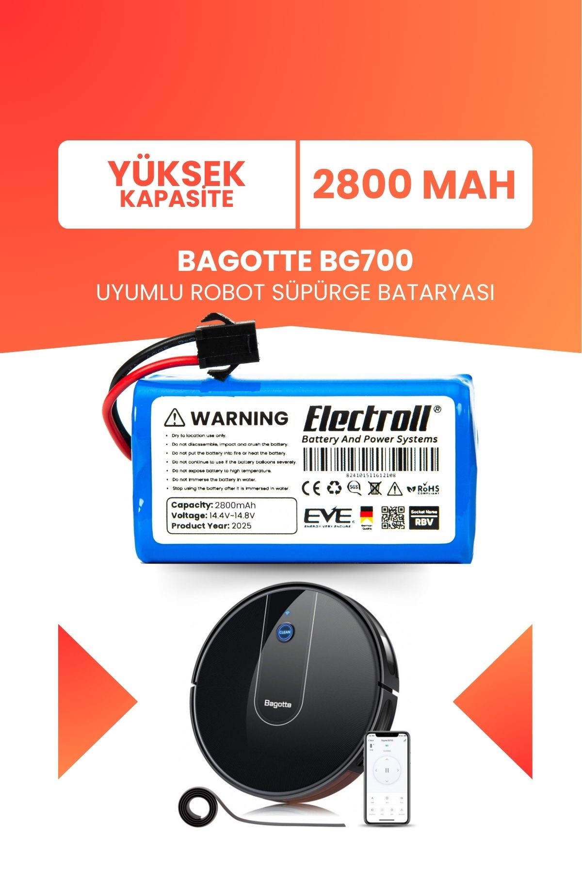 Bagotte Bg700 Uyumlu Batarya (YÜKSEK KAPASİTE) 2800mah Pil Akıllı Robot Süpürge Bataryası