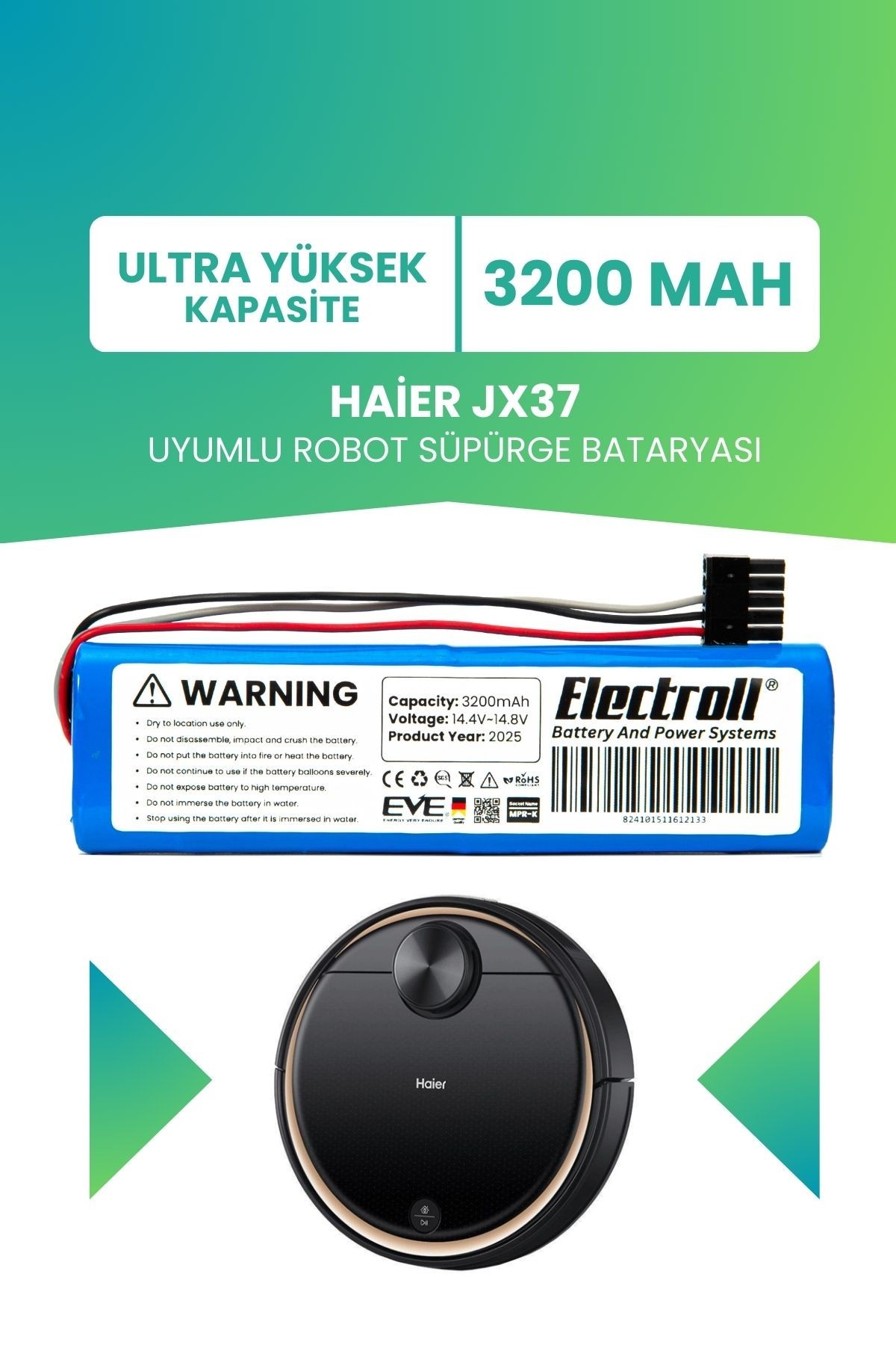 Haier Jx37 Uyumlu Batarya (ULTRA YÜKSEK KAPASİTE) 3200mah Pil Robot Süpürge Bataryası Değişimi