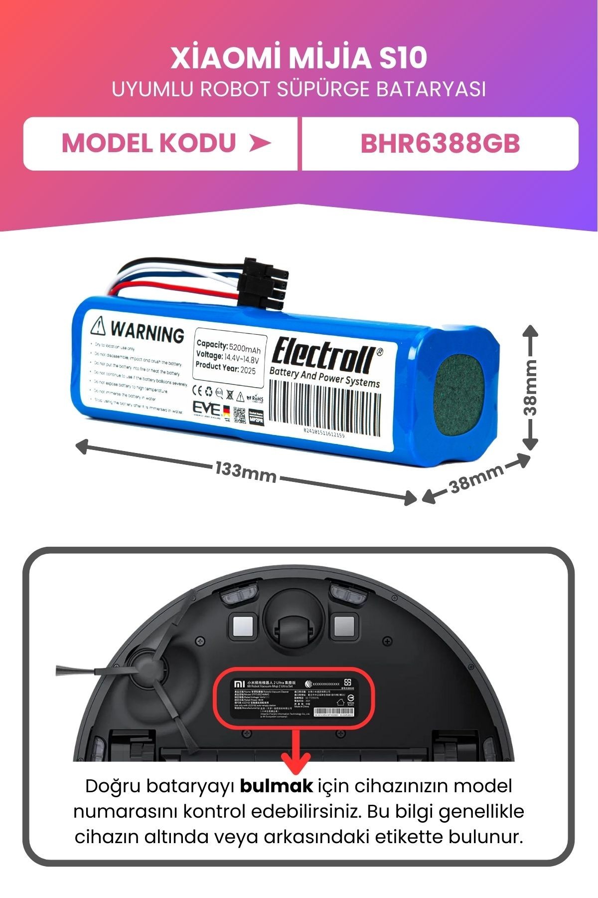 Xiaomi Mijia S10 Uyumlu Batarya (MAKSİMUM KAPASİTE) 7000mah Pil Robot Süpürge Bataryası BHR6388GB