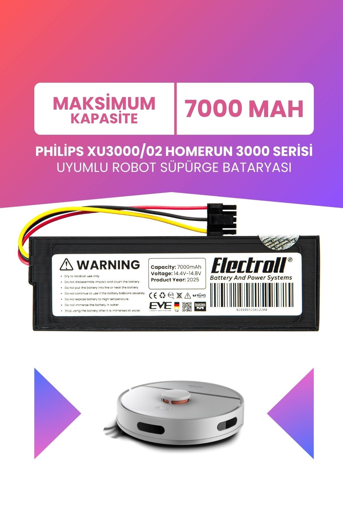 Philips Xu3000/02 Homerun 3000 Serisi Batarya (ULTRA YÜKSEK KAPASİTE) 7000mah Robot Süpürge Pili