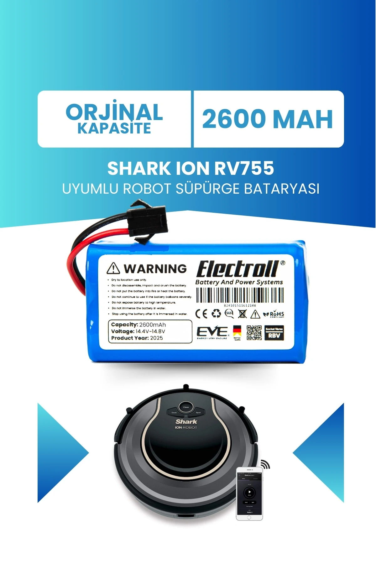 Shark Ion Rv755 Uyumlu Batarya (ORJİNAL KAPASİTE) 2600mah Pil Robot Süpürge Bataryası
