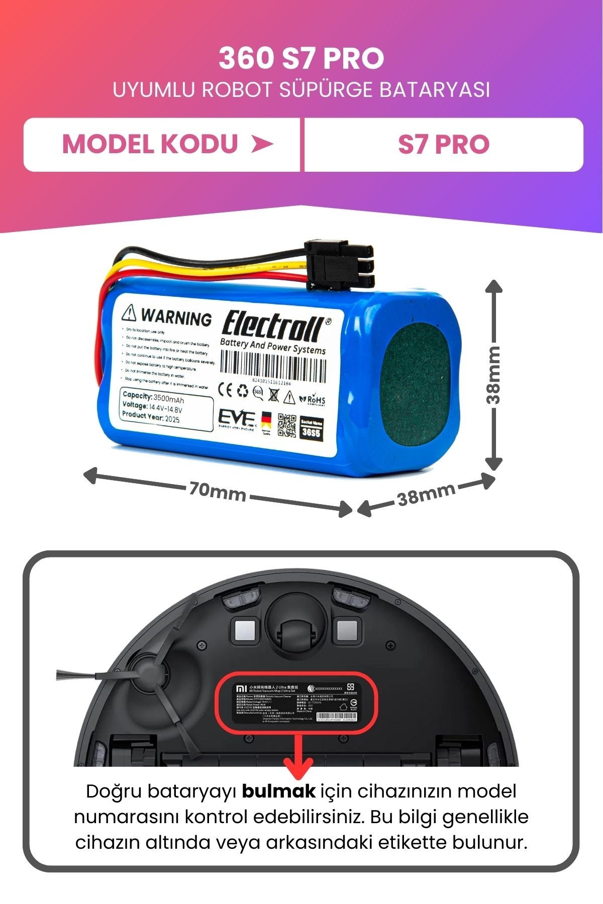 360 S7 Pro Batarya (MAKSİMUM KAPASİTE) 3500mah Pil Akıllı Robot Süpürge Batarya Değişimi