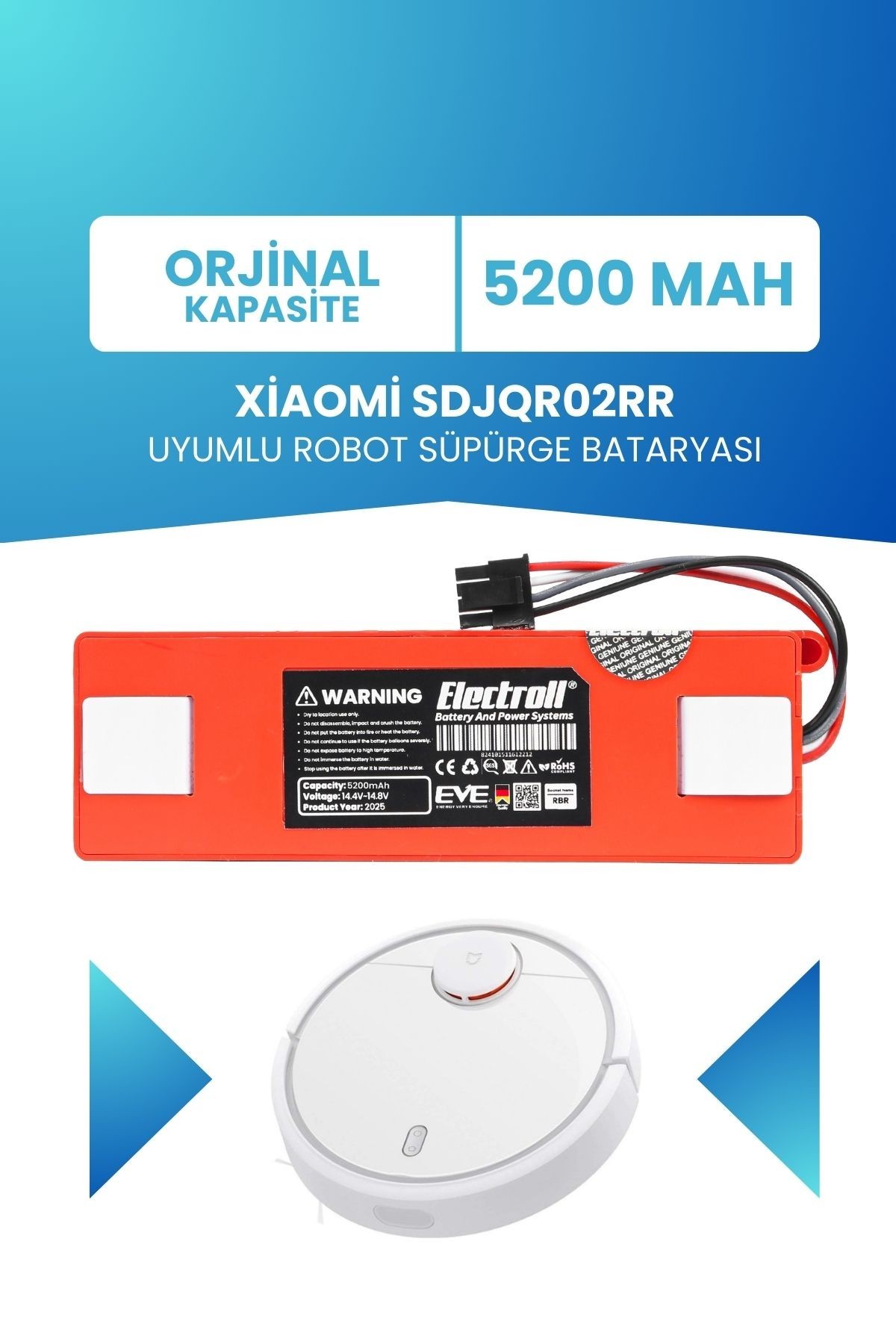 Xiaomi Sdjqr02rr Uyumlu Batarya (ORJİNAL KAPASİTE) 5200mah Kutulu Robot Süpürge Pil Değişimi