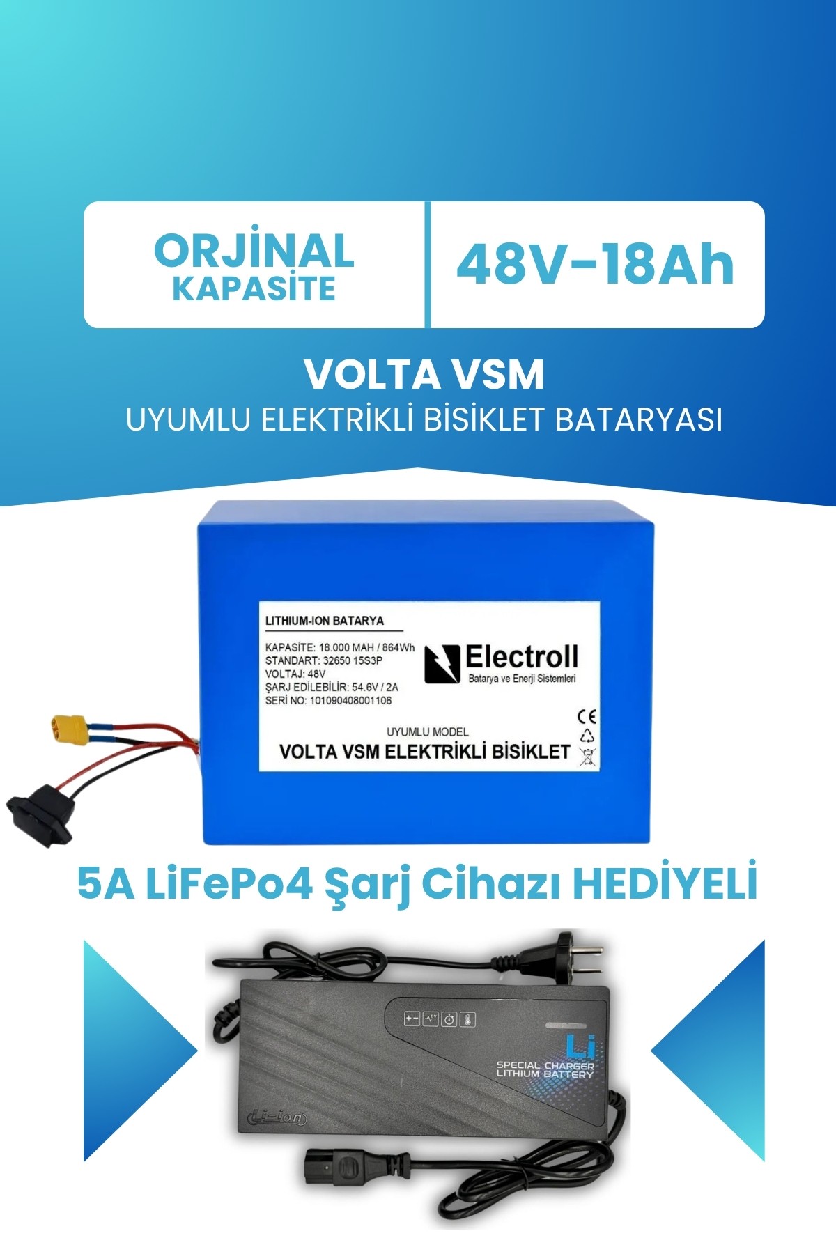 Volta VSM 48V 18 Ah LifePO4 (Elektrikli Bisiklet için Akü) + 5A LiFePo4 Şarj Cihazı Hediyeli
