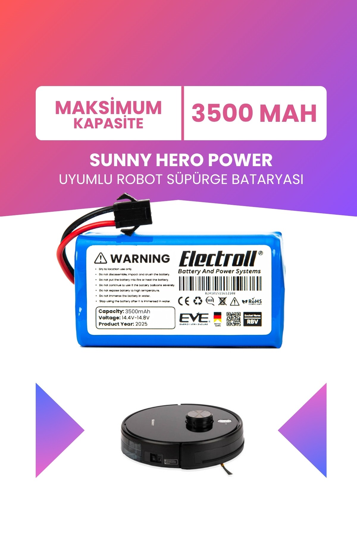 Sunny Hero Power Uyumlu Batarya (MAKSİMUM KAPASİTE) 3500mah Robot Süpürge Bataryası