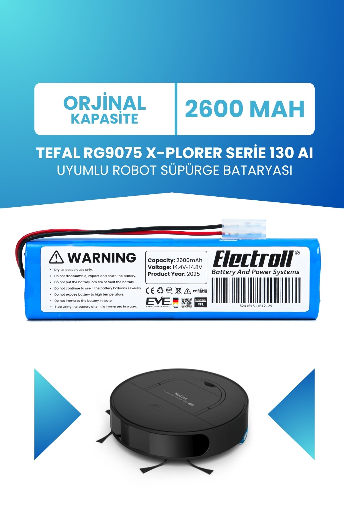 Tefal RG9075 X-Plorer Serie 130 AI Uyumlu Batarya (STANDART KAPASİTE) 2600mah Pil Robot Süpürge Bataryası