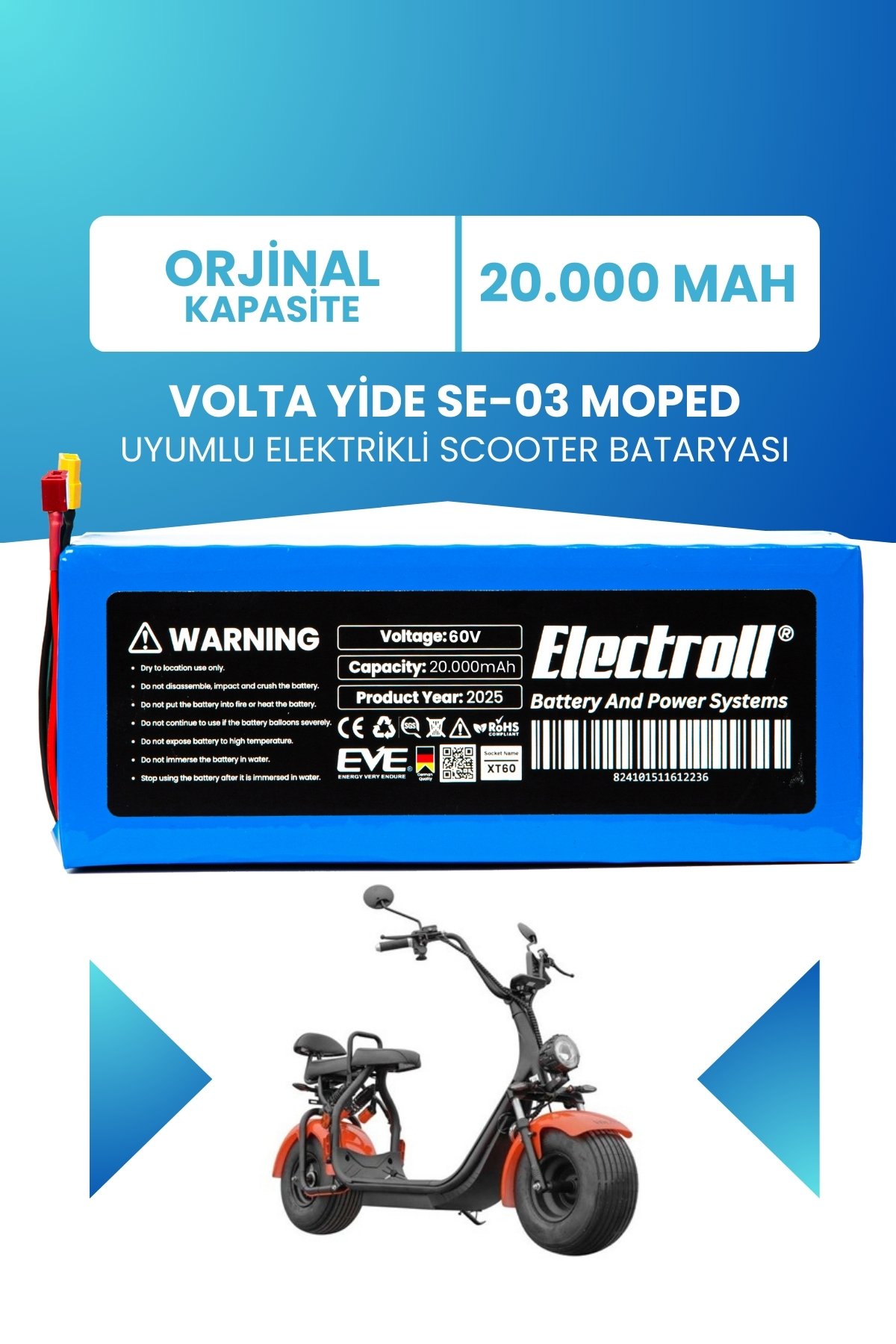 Volta Yide Se-03 Moped Batarya Lityum 60V 20AH Elektrikli Scooter Bataryası