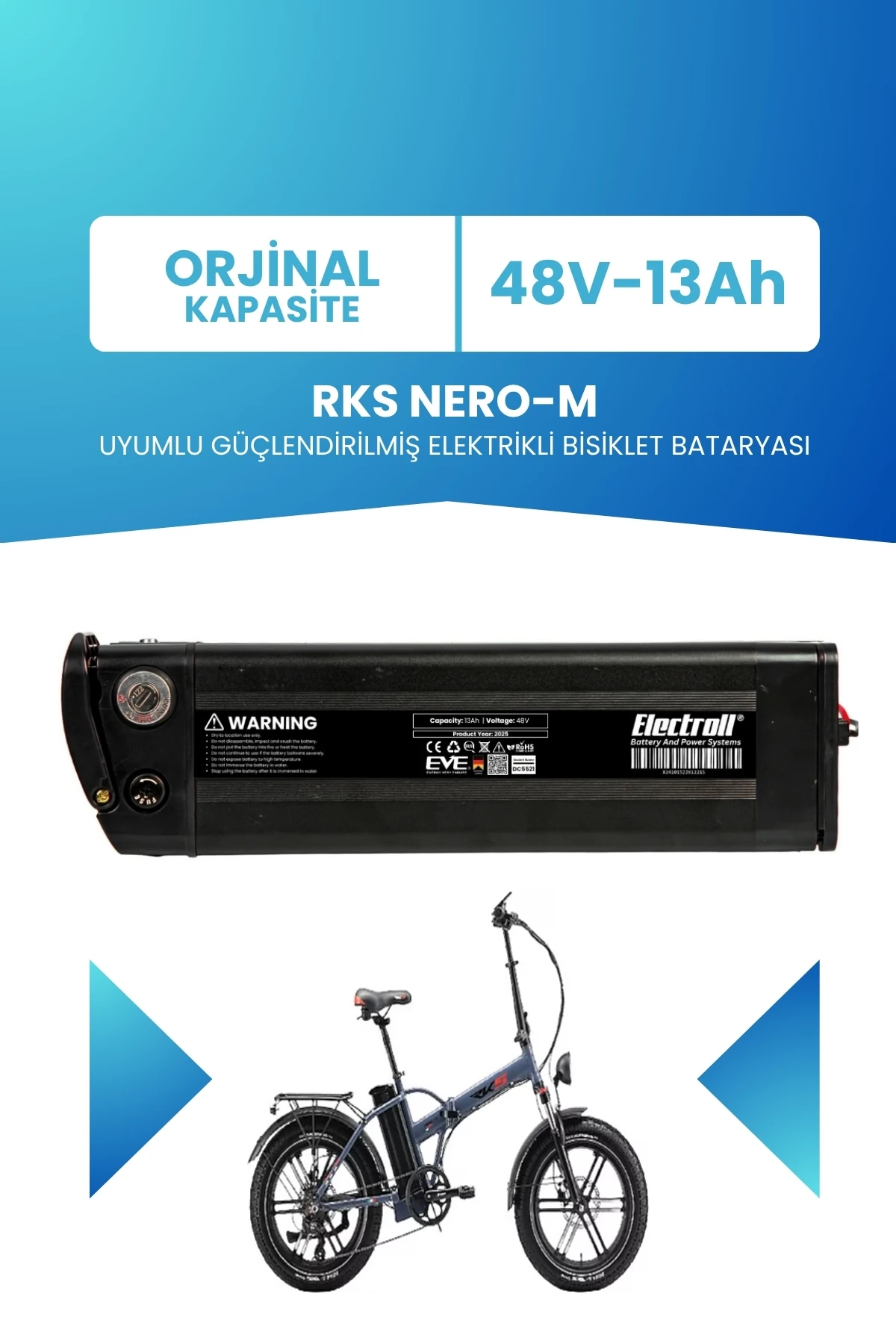 RKS NERO-M Uyumlu 48V 13Ah Güçlendirilmiş Elektrikli Bisiklet Bataryası