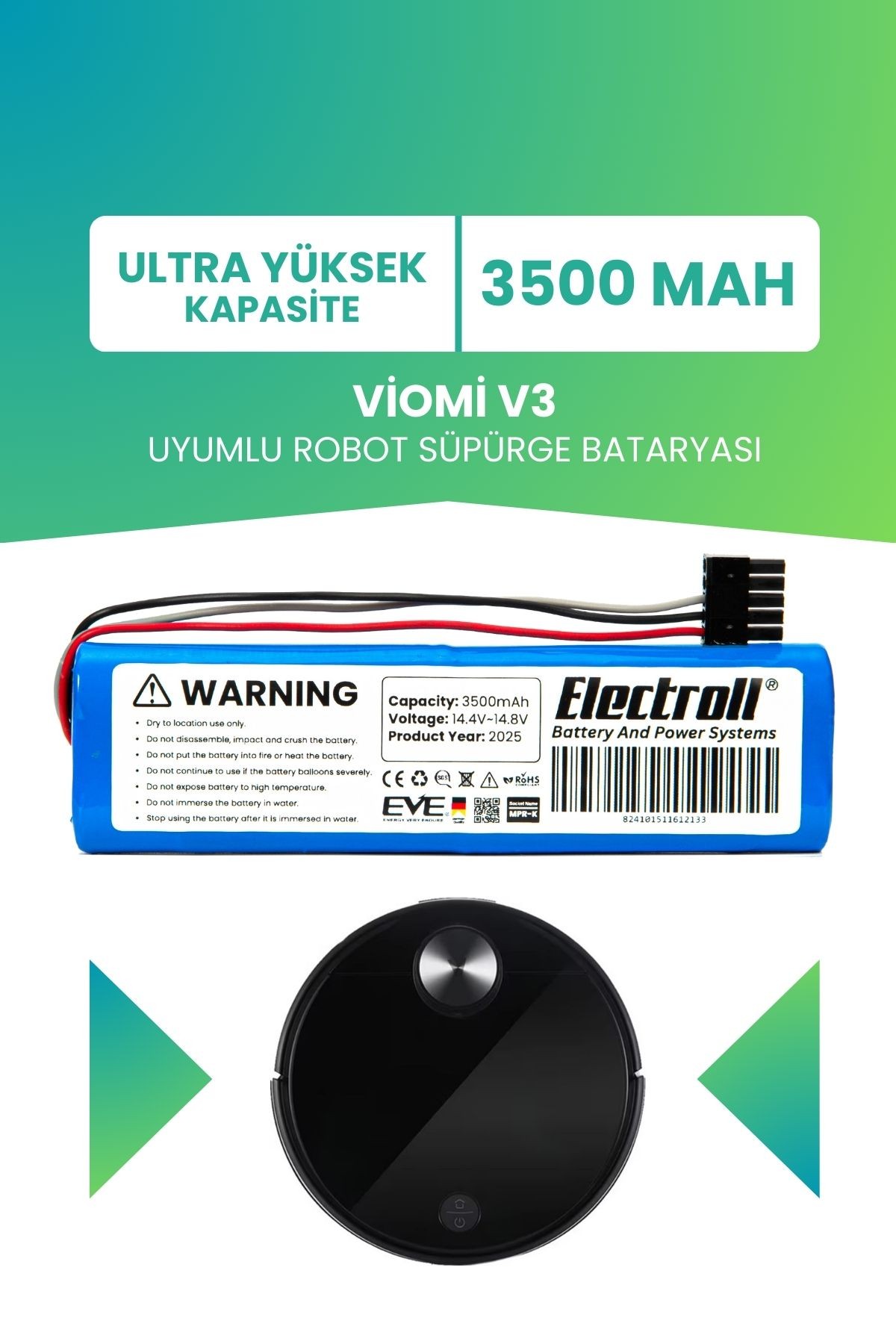 Viomi V3 Uyumlu Batarya (ULTRA YÜKSEK KAPASİTE) 3500mah Pil Robot Süpürge Bataryası Değişimi