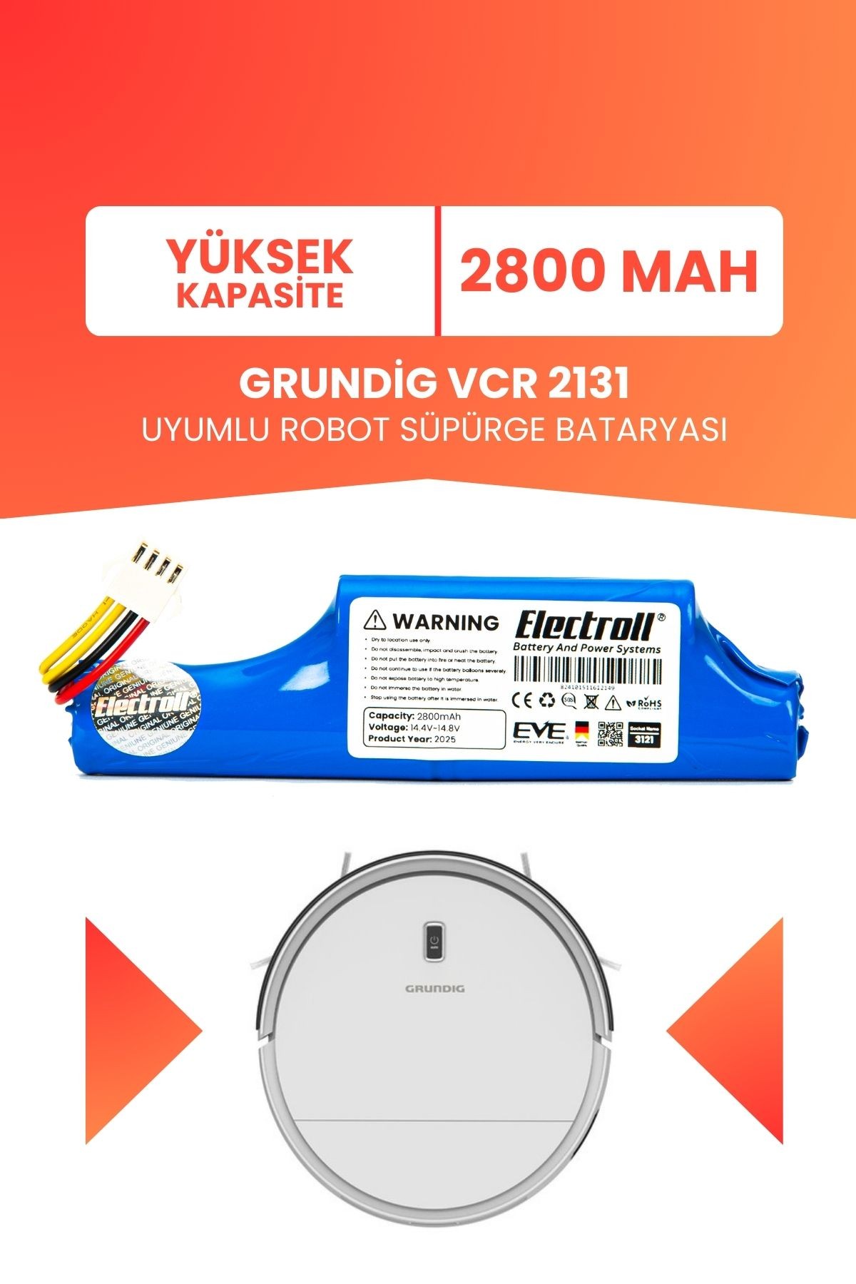 GRUNDİG VCR 2131 Uyumlu Batarya (YÜKSEK KAPASİTE) 2800mah Pil Robot Süpürge Bataryası Değişimi