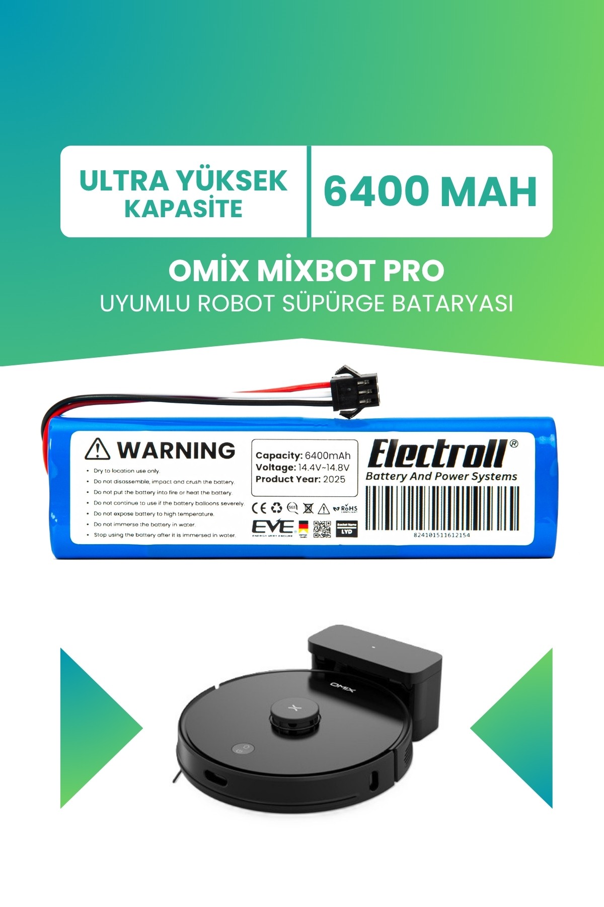 Omix Mixbot Pro Uyumlu Batarya (ULTRA YÜKSEK KAPASİTE) 6400mah Pil Robot Süpürge Bataryası
