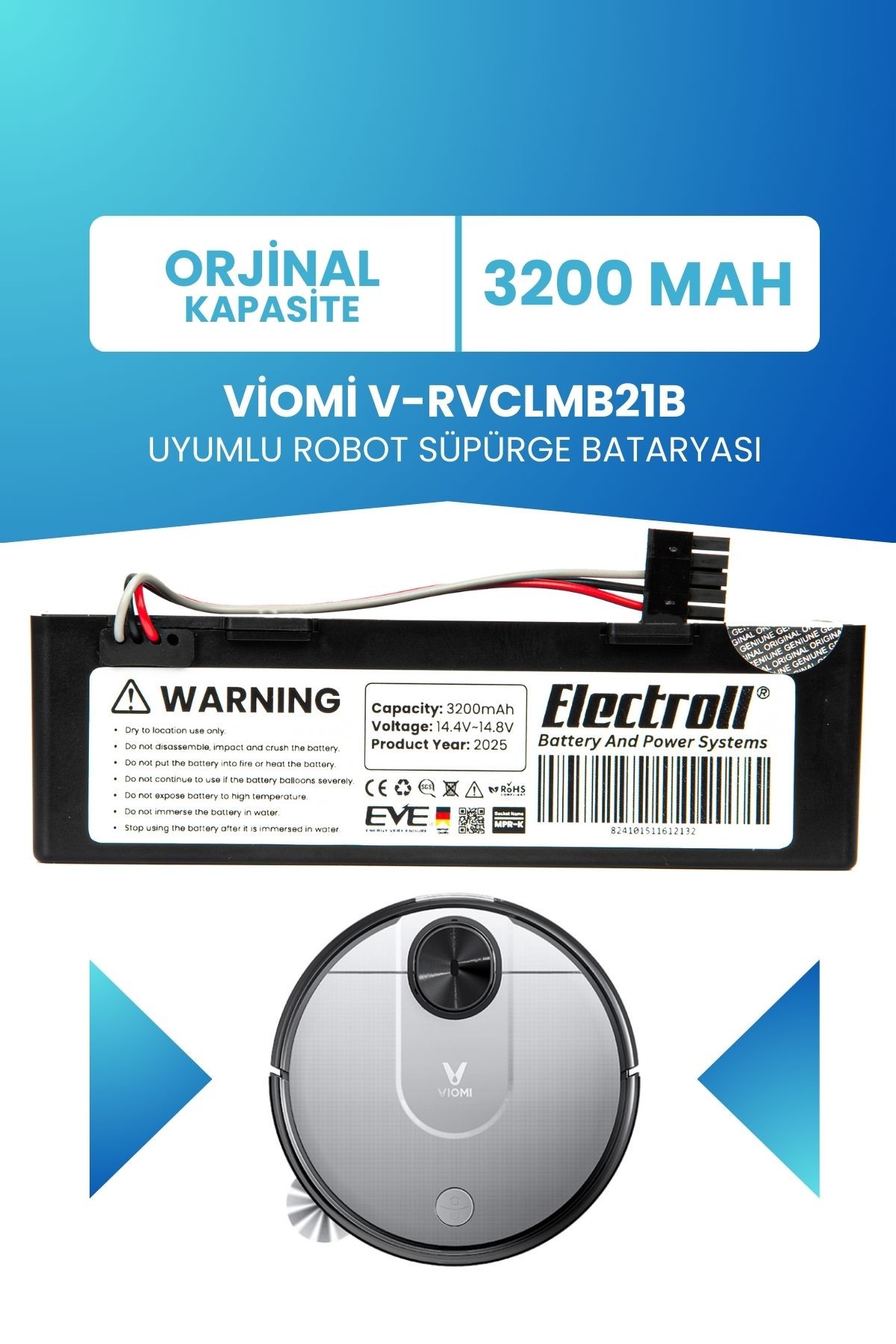 Viomi V-rvclmb21b Uyumlu Batarya (ORJİNAL KAPASİTE) 3200mah Kutulu Robot Süpürge Pil Değişimi