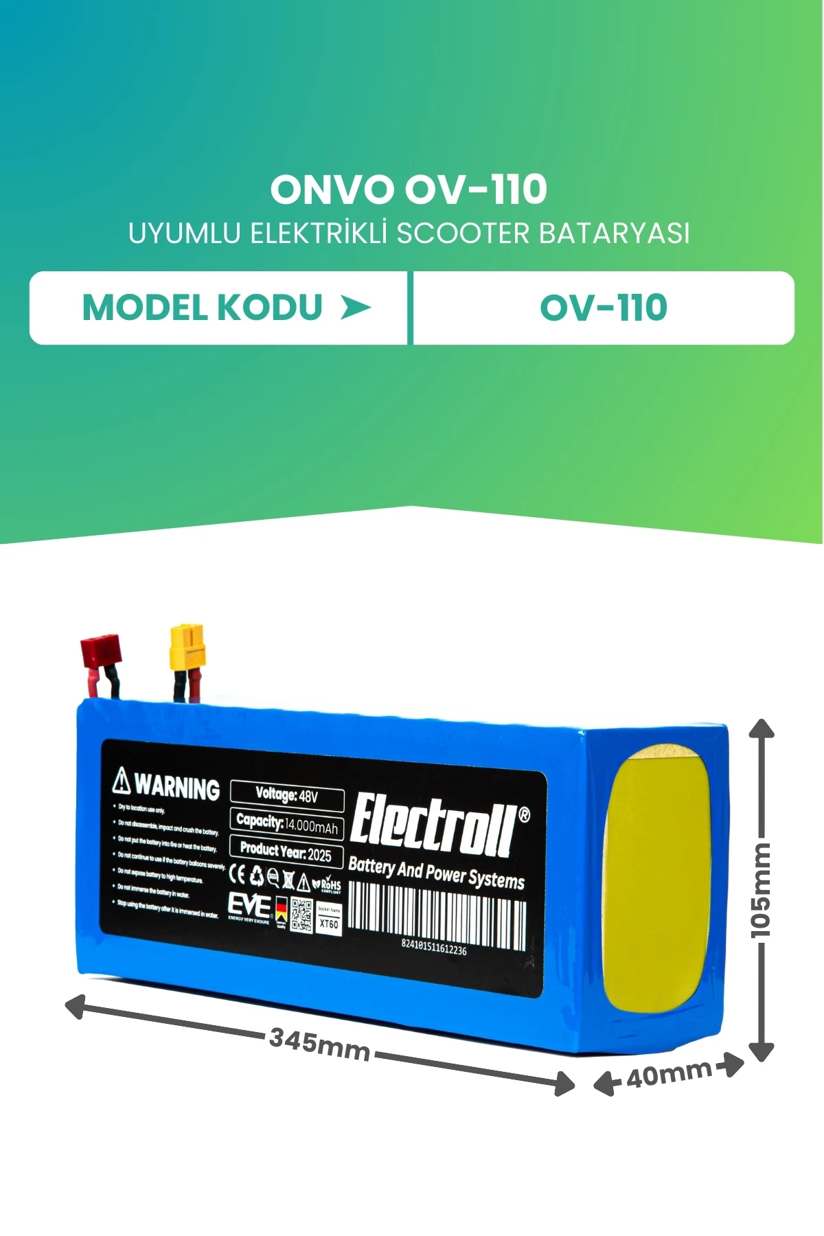 ONVO OV-110 Batarya (Ultra Yüksek Kapasite) Batarya 48v 14ah Pil Elektrikli Scooter Bataryası