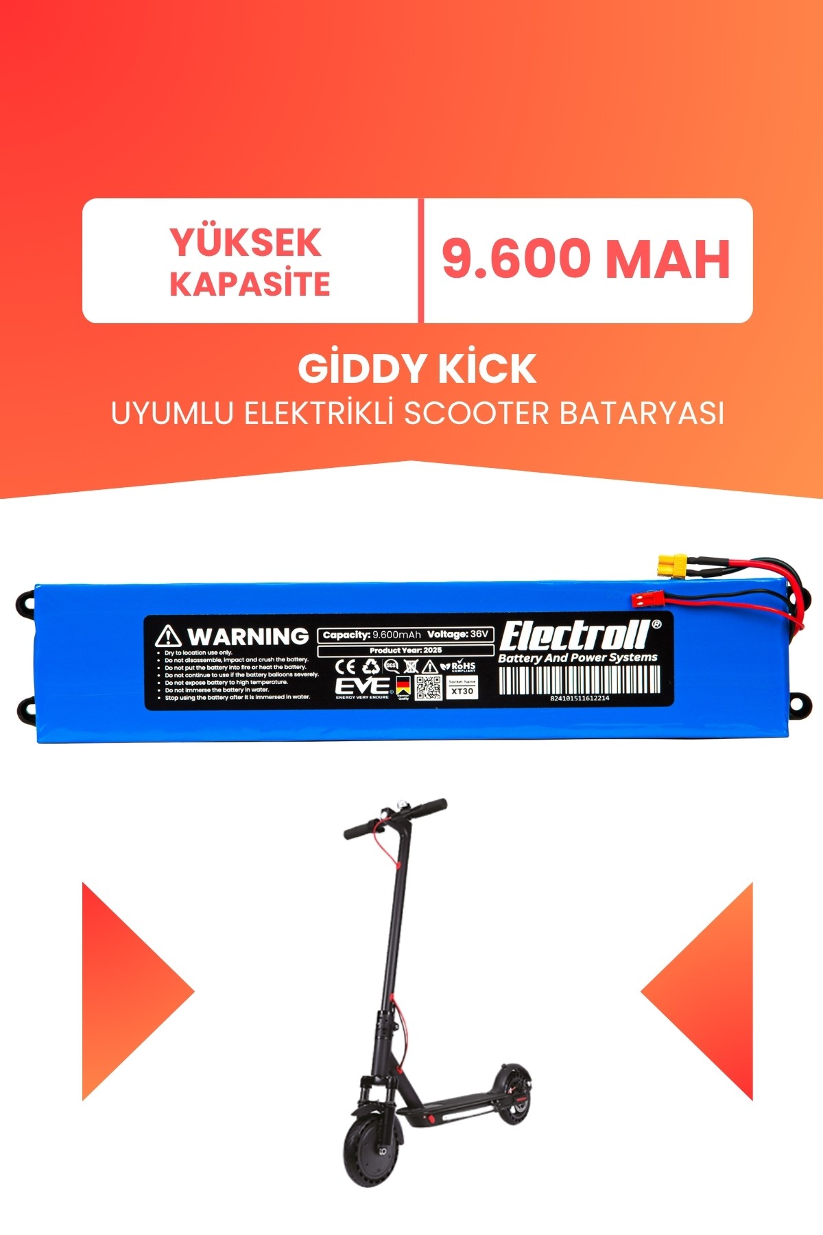 Giddy Kick Uyumlu Batarya (Yüksek Kapasite) 36v 9.600Mah Elektrikli Scooter Bataryası
