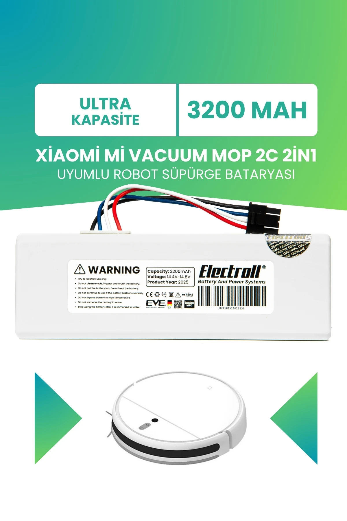 Xiaomi Mi Vacuum Mop 2c 2in1 Uyumlu Batarya(ULTRA KAPASİTE) 3200mah Robot Süpürge Pil XMSTJQR2C
