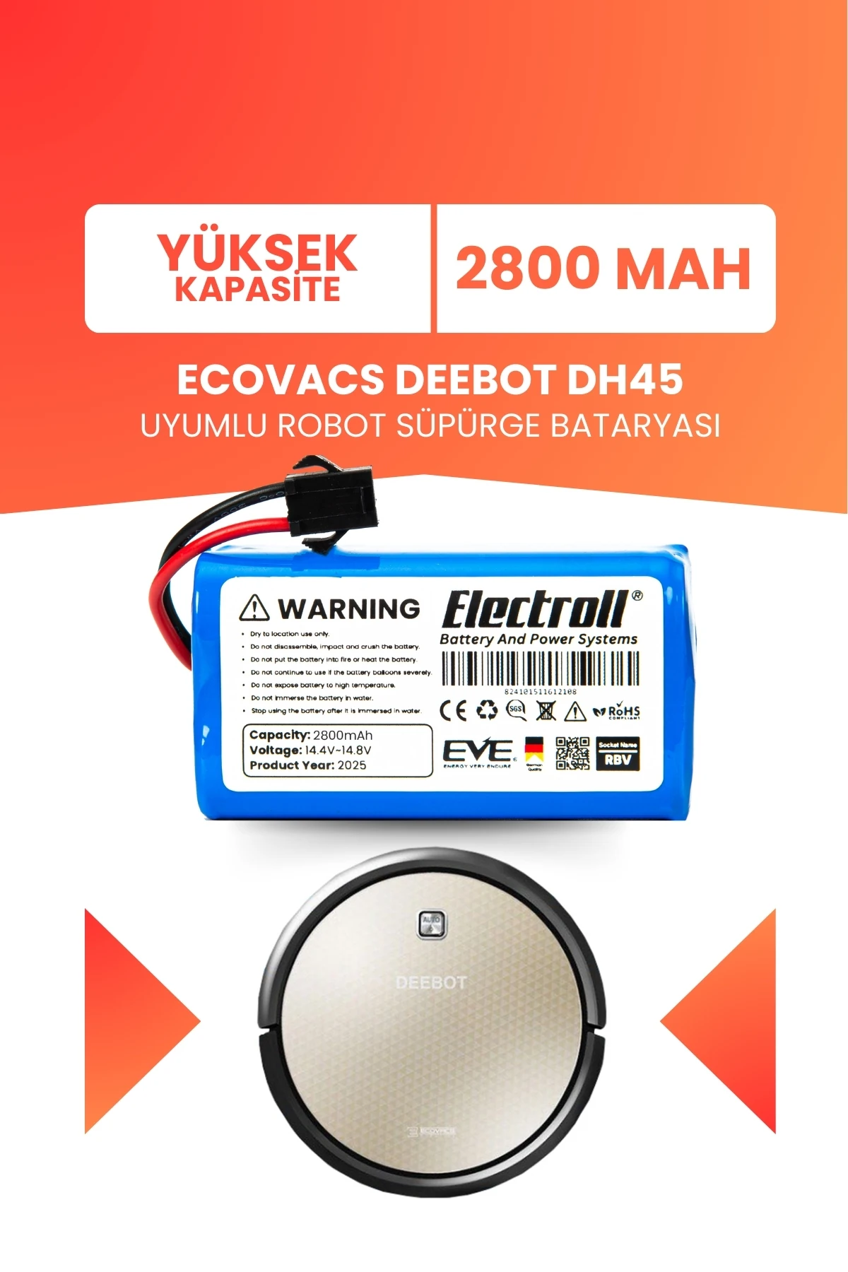 Ecovacs Deebot Dh45 Uyumlu Batarya (YÜKSEK KAPASİTE) 2800mah Pil Robot Süpürge Bataryası