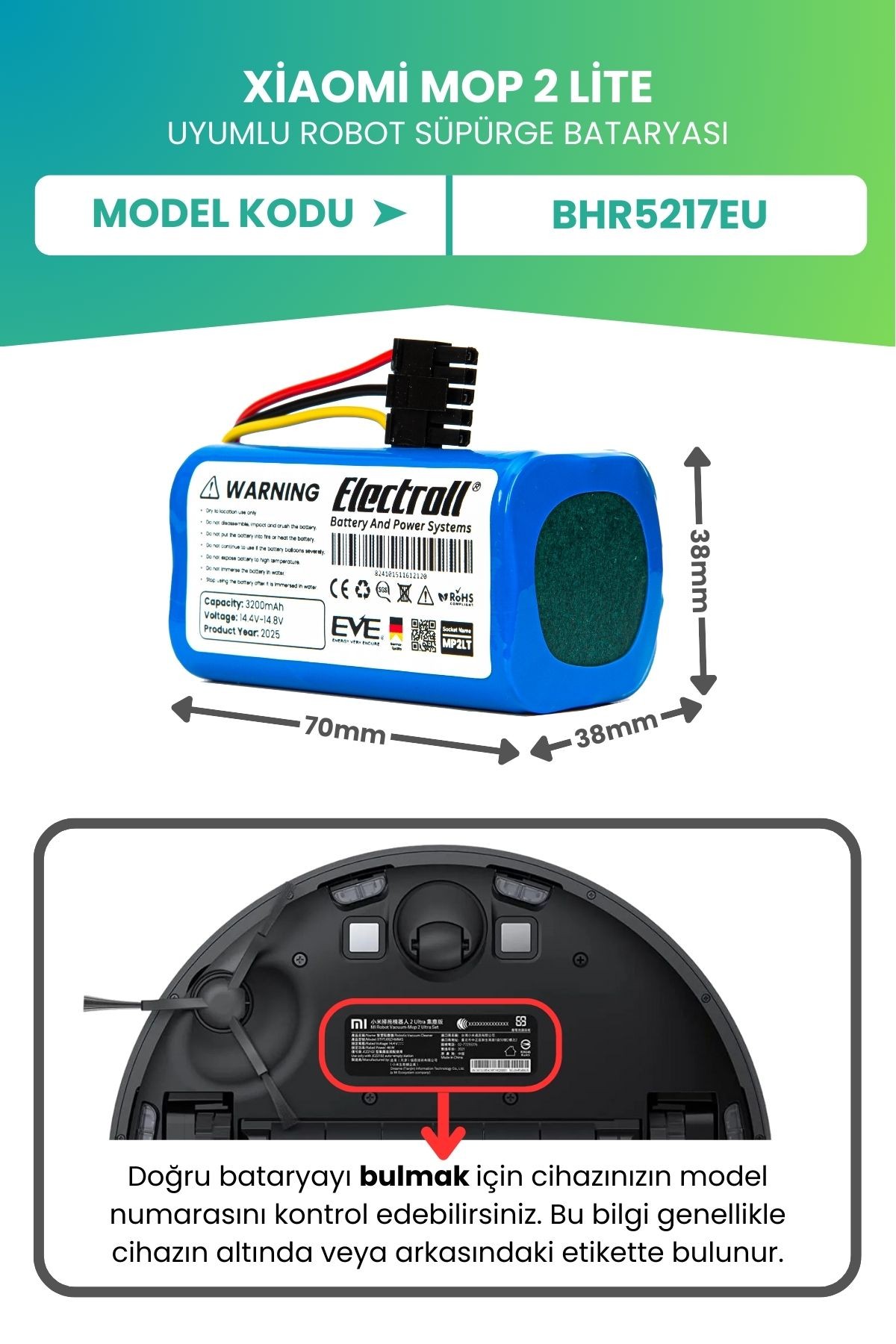 Xiaomi Mop 2 Lite Uyumlu Batarya (ULTRA YÜKSEK KAPASİTE) 3200mah Robot Süpürge Bataryası Bhr5217eu
