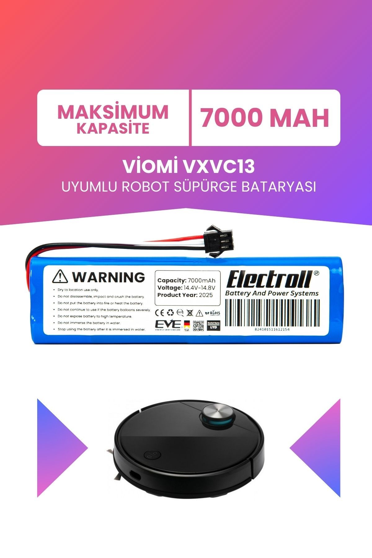 Viomi Vxvc13 Uyumlu Batarya (MAKSİMUM KAPASİTE) 7000mah Pil Robot Süpürge Bataryası Değişimi