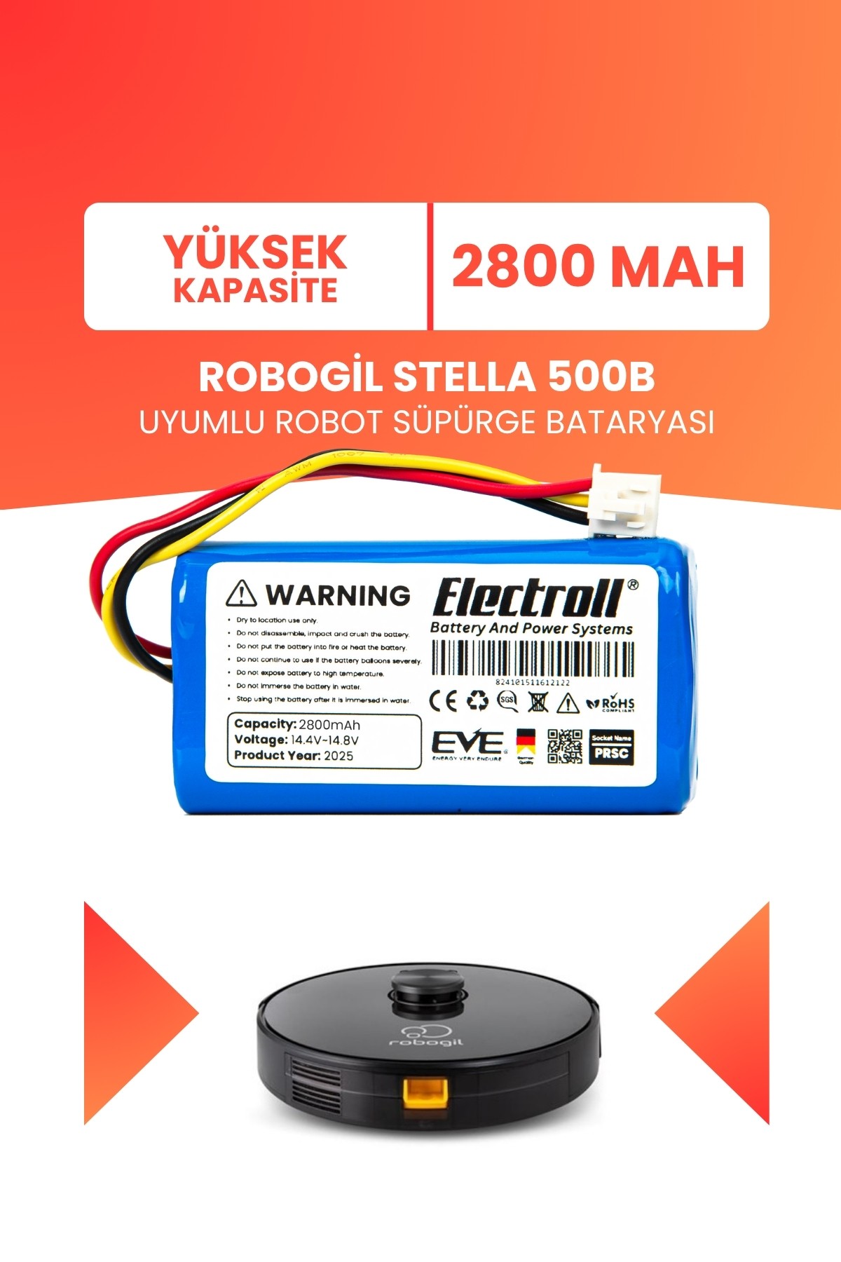 Robogil Stella 500B Uyumlu Batarya (YÜKSEK KAPASİTE) 2800mah Pil Robot Süpürge Bataryası