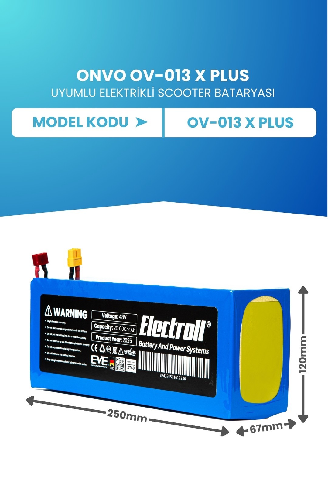 Onvo Ov-013 X Plus (ORJİNAL KAPASİTE) Batarya 48v 20ah Pil Elektrikli Scooter Bataryası