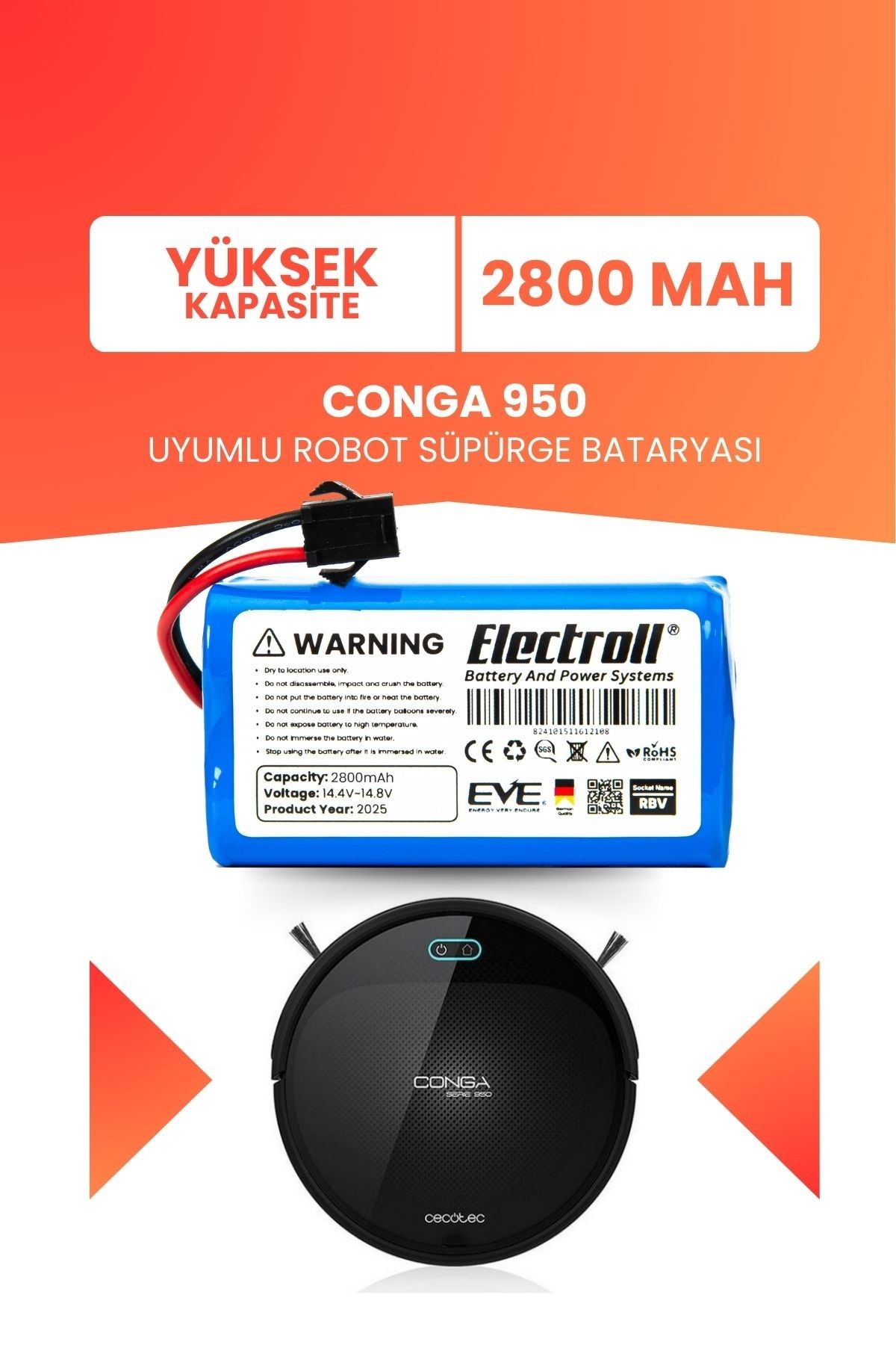 Conga 950 Uyumlu Batarya (YÜKSEK KAPASİTE) 2800mah Pil Akıllı Robot Süpürge Bataryası