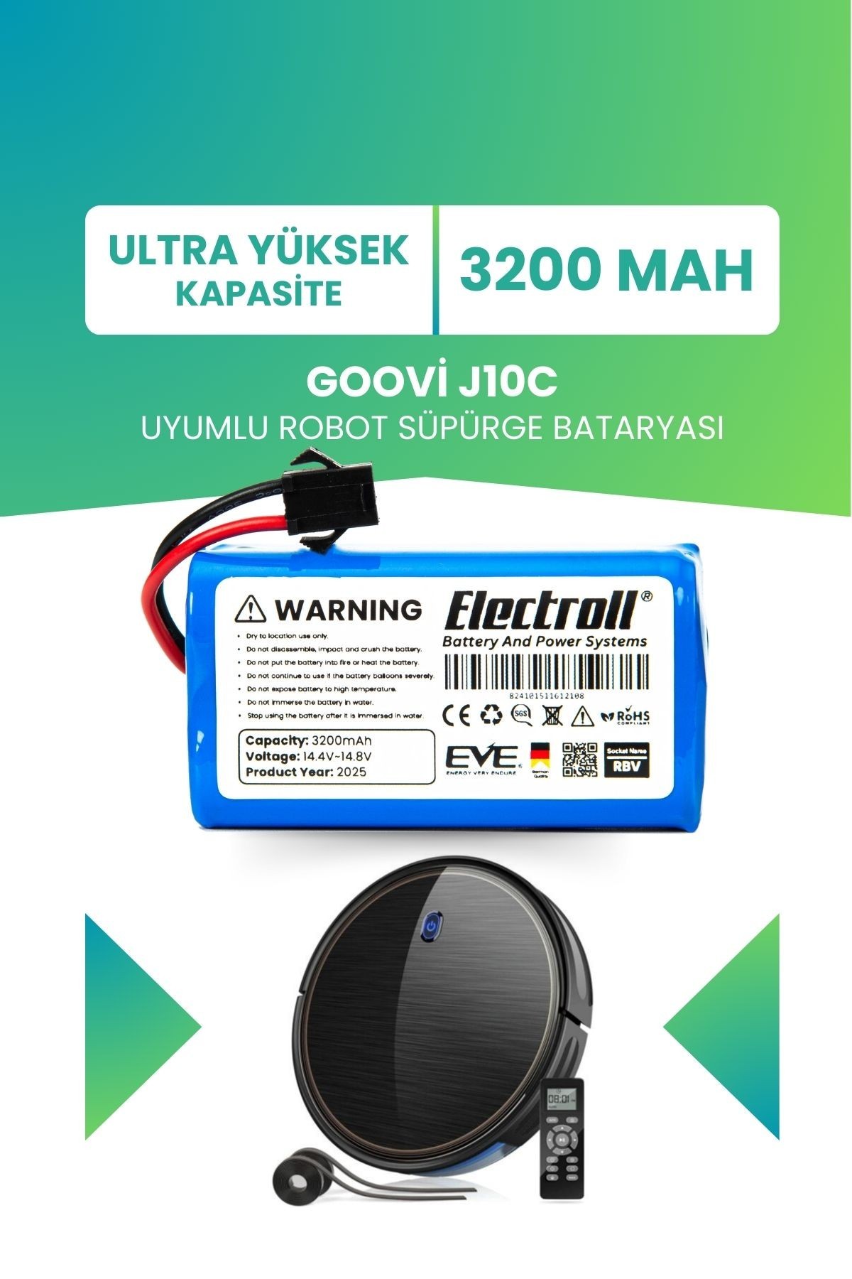 Goovi J10c Uyumlu Batarya (ULTRA YÜKSEK KAPASİTE) 3200mah Pil Robot Süpürge Bataryası