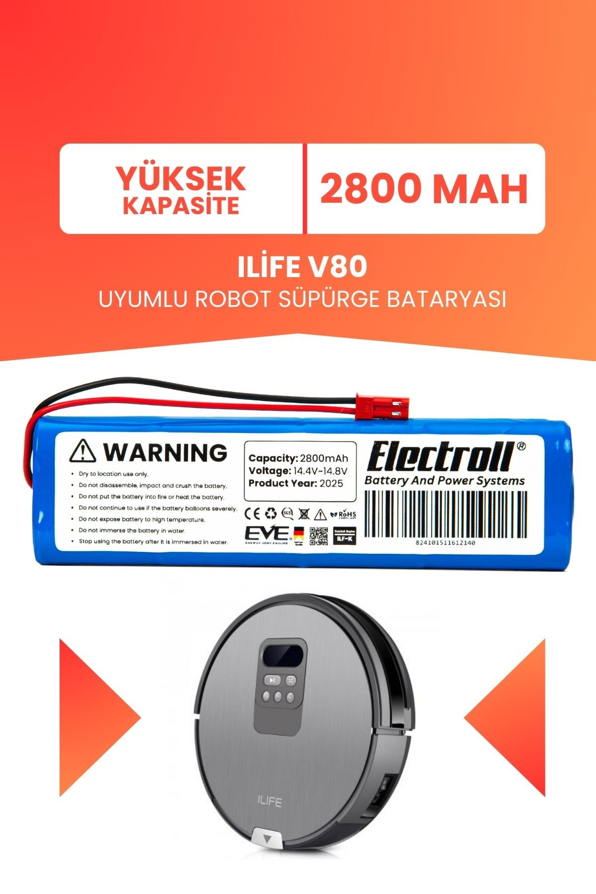 Ilife V80 Uyumlu Batarya (Yüksek Kapasite) 2800MAH Pil Robot Süpürge Batarya Değişimi