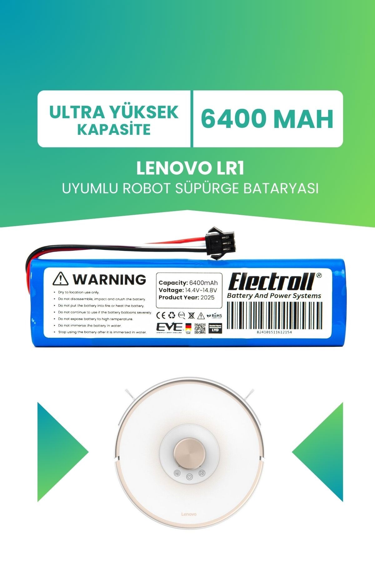 Lenovo Lr1 Uyumlu Batarya (ULTRA YÜKSEK KAPASİTE) 6400mah Pil Robot Süpürge Bataryası Değişimi