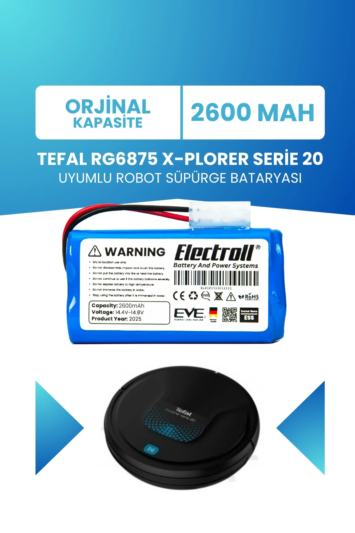 Tefal RG6875 X-Plorer Serie 20 Uyumlu Batarya (STANDART KAPASİTE) 2600mah Pil Robot Süpürge Bataryası
