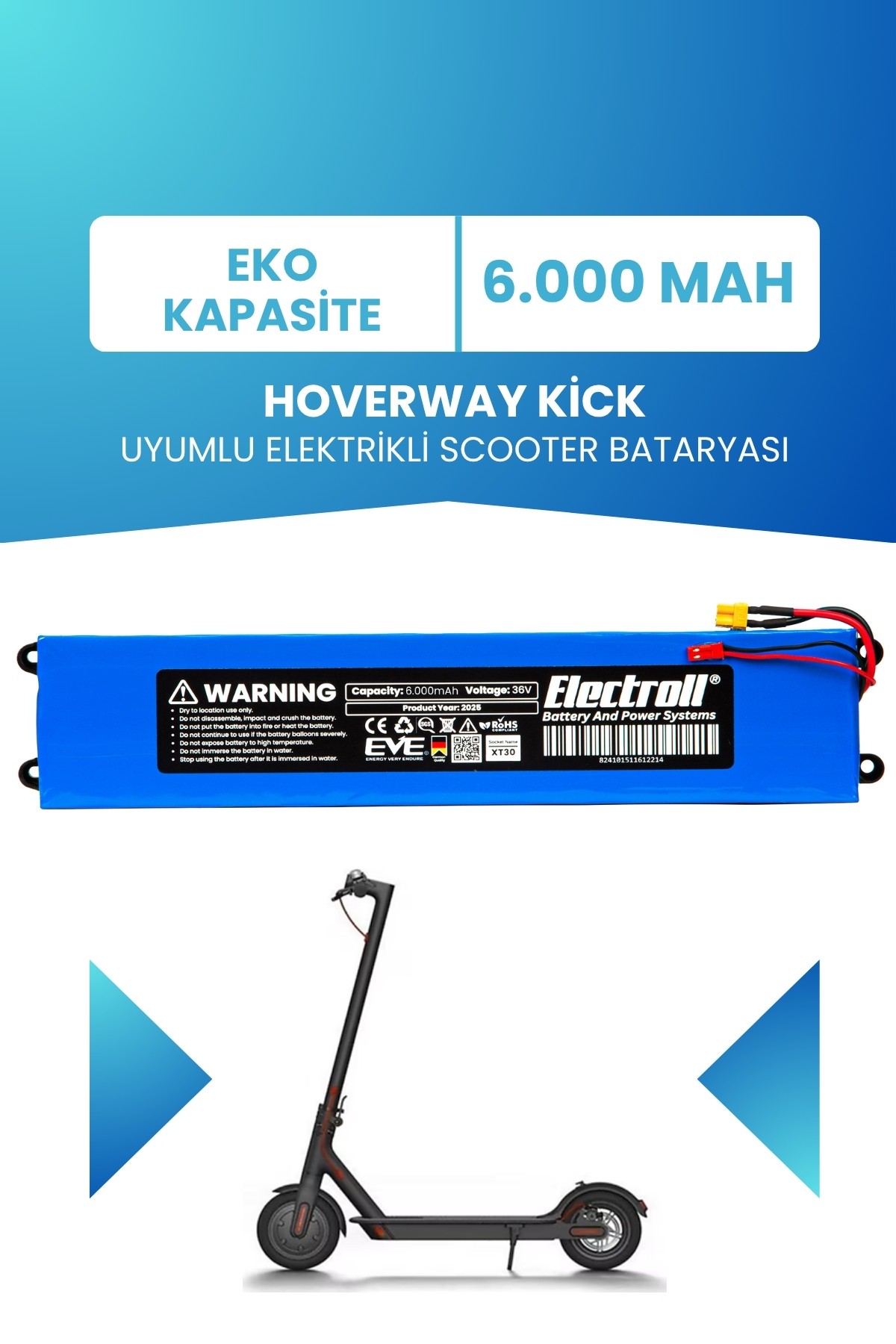 Hoverway Kick Uyumlu Batarya (Eko Kapasite) 36v 6.000Mah Elektrikli Scooter Bataryası