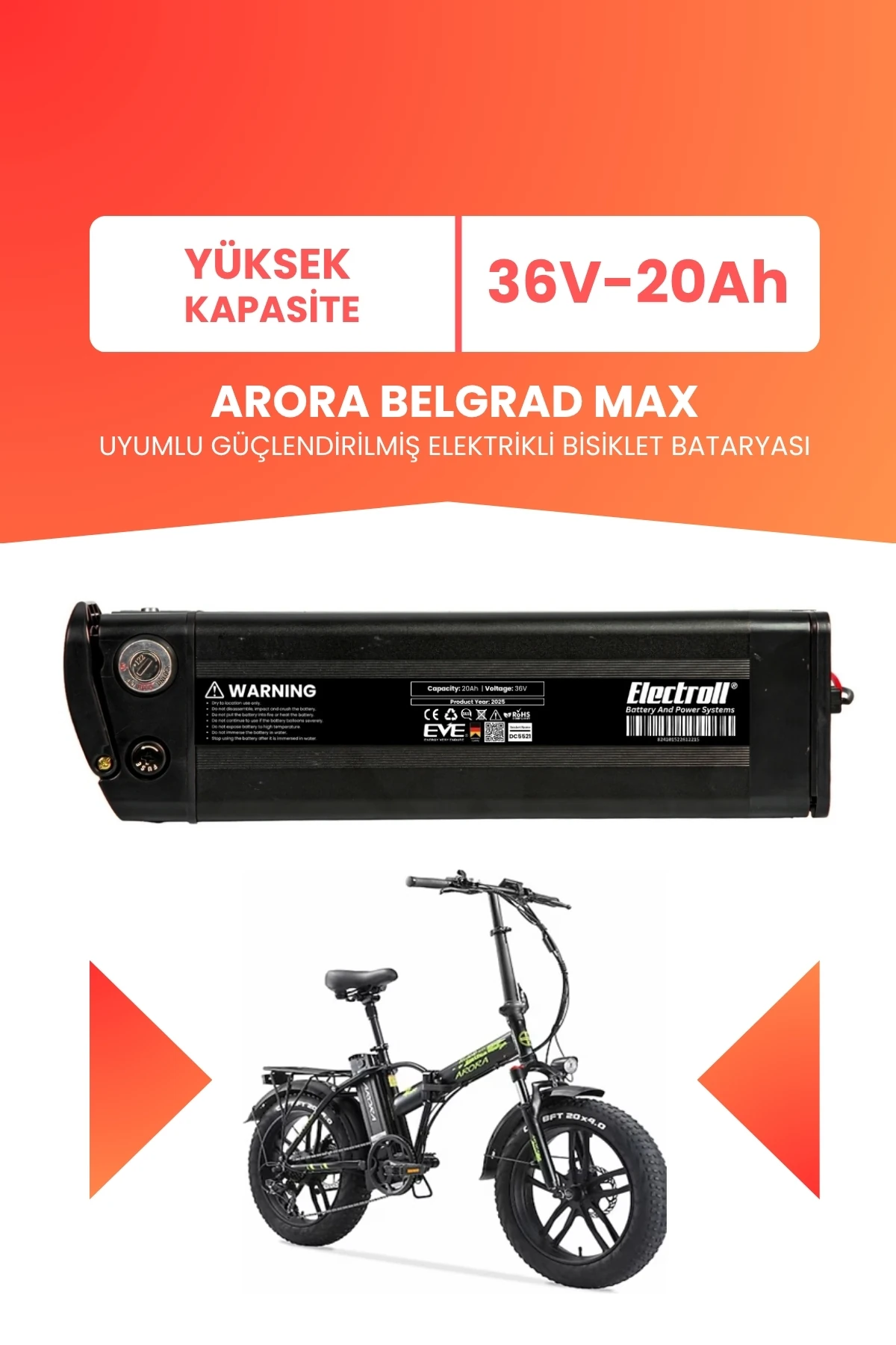 Arora Belgrad Max Uyumlu 36V 20Ah (Yüksek Kapasite) Güçlendirilmiş Elektrikli Bisiklet Batarya Tamir, Revizyon ve Pil Yenileme