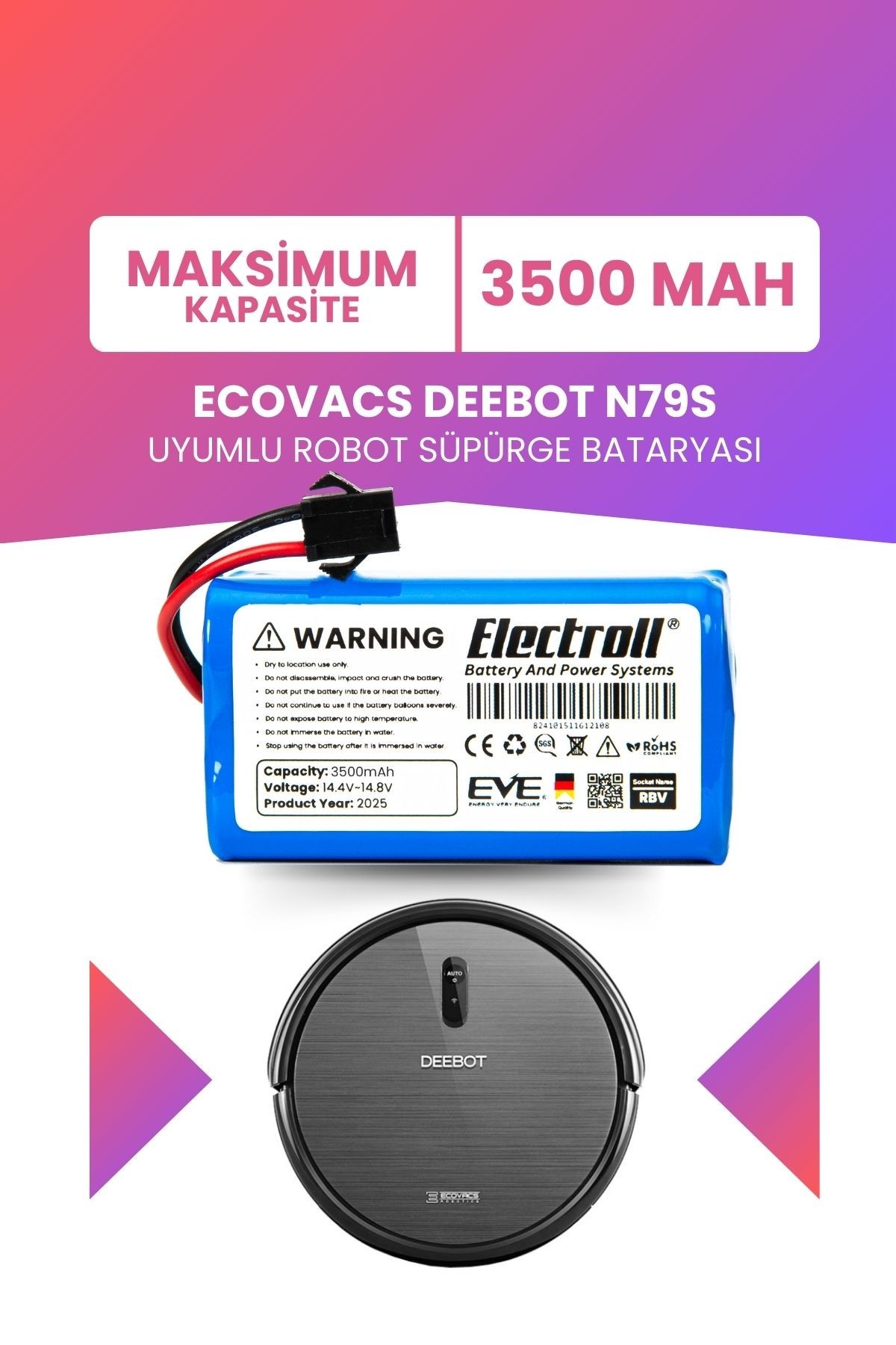 Ecovacs Deebot N79s Uyumlu Batarya (MAKSİMUM KAPASİTE) 3500mah Pil Robot Süpürge Bataryası